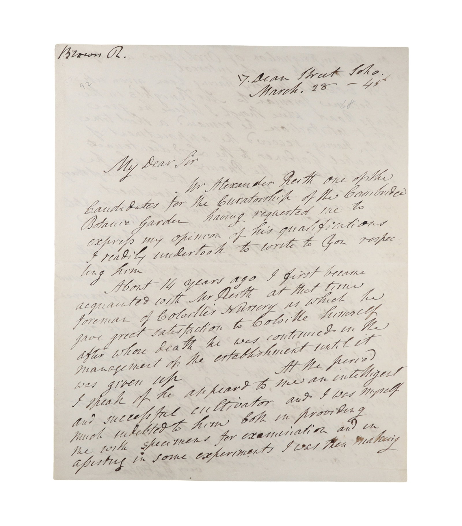 ROBERT BROWN ALS, SOHO, MARCH 28, 1843 CAMBRIDGE BOTANIC GARDEN CURATORSHIP (1 of 2)