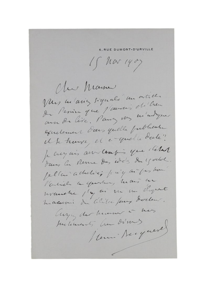 Henri Becquerel Autograph Letter Signed from His Paris Residence, November 1907 Discoverer of (1 of 1)