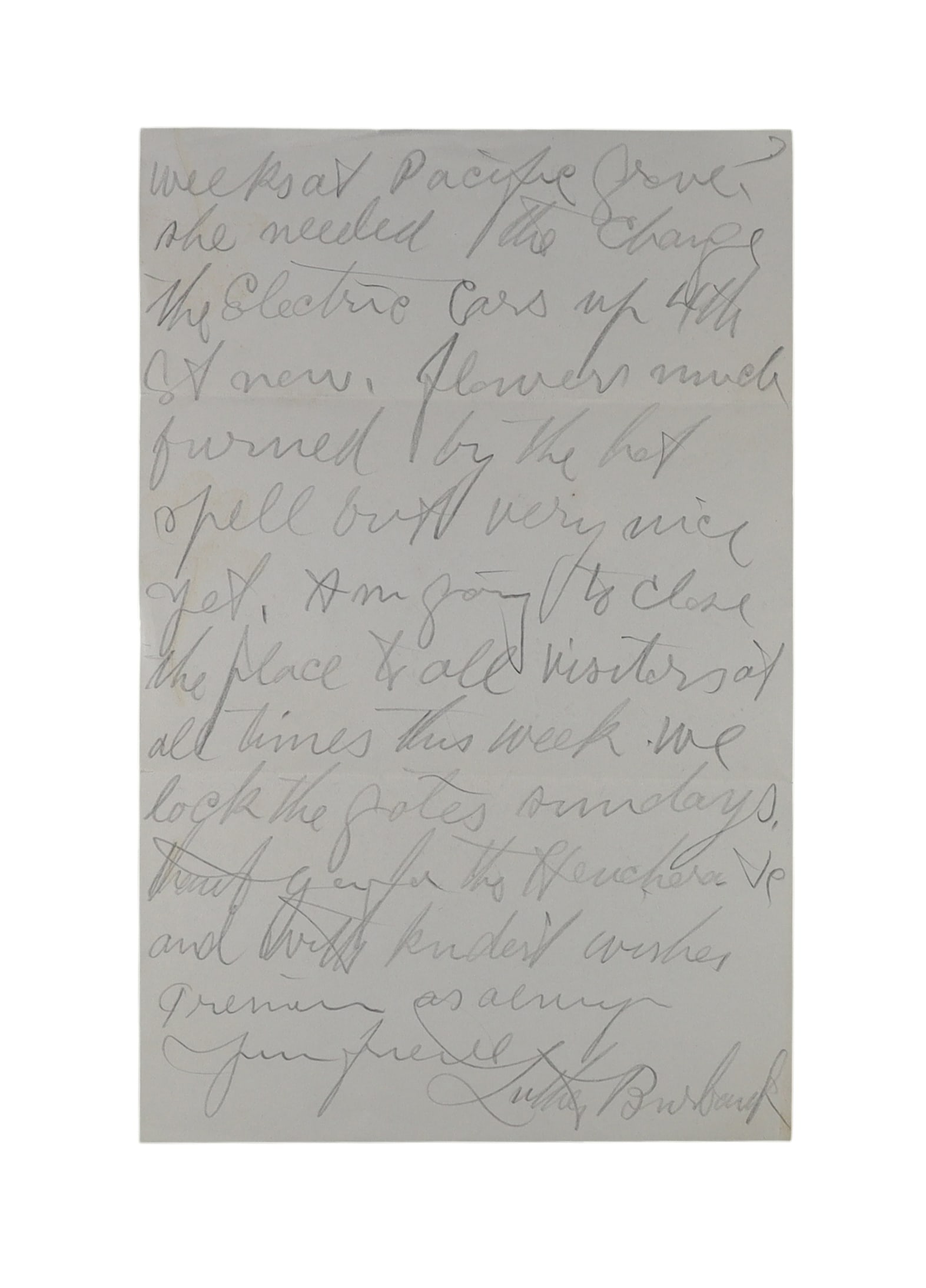 Luther Burbank Autograph Letter Signed: The "Plant Wizard" on His Gardens, Electric Cars: Luther Burbank Autograph Letter Signed: The "Plant Wizard" on His Gardens, Electric Cars, and Closing His Gates. Luther Burbank (1849-1926), American botanist and horticulturist who developed more tha
