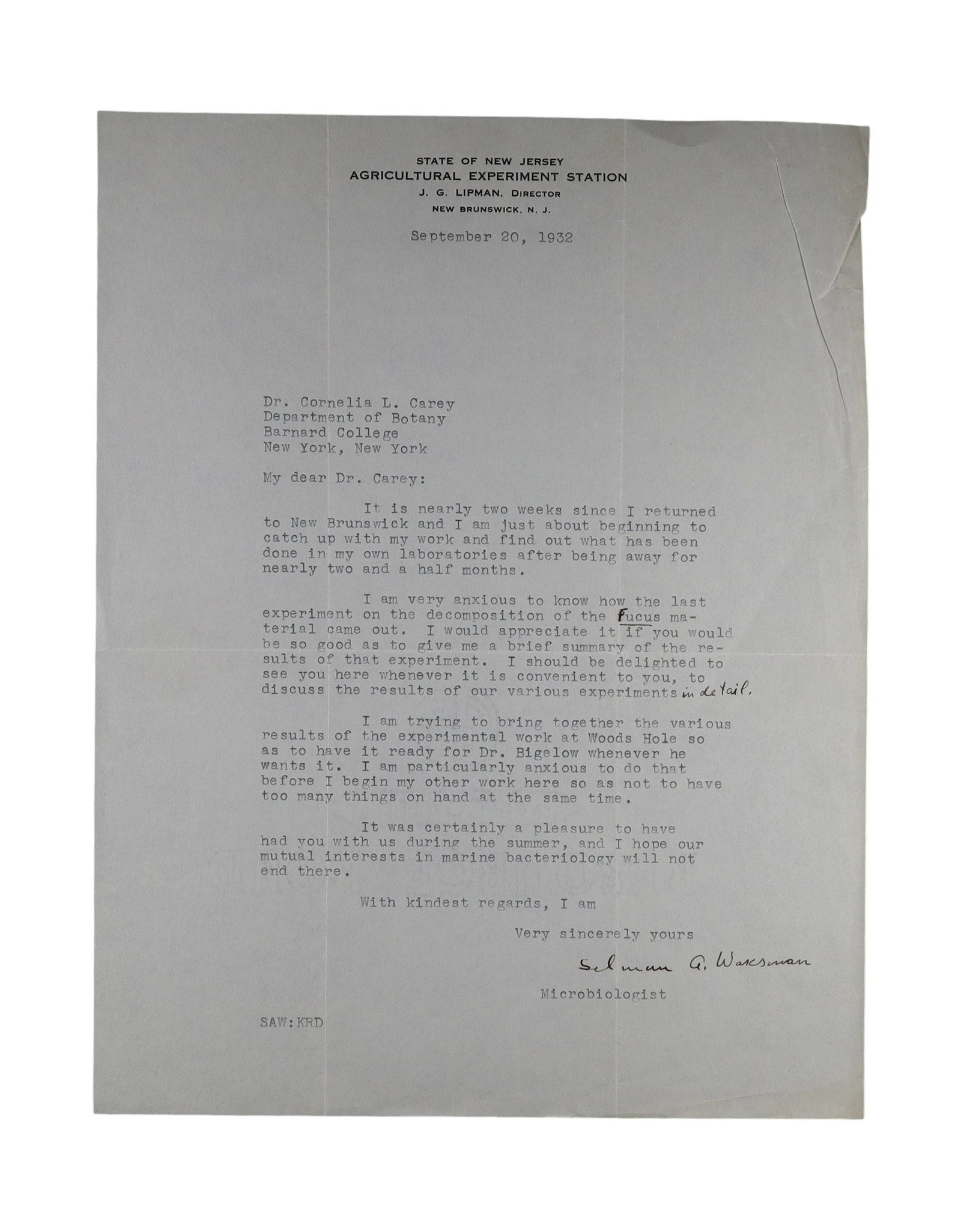 Selman Waksman TLS, 1932 Nobel Laureate on Marine Bacteriology Research at Woods Hole (1 of 1)