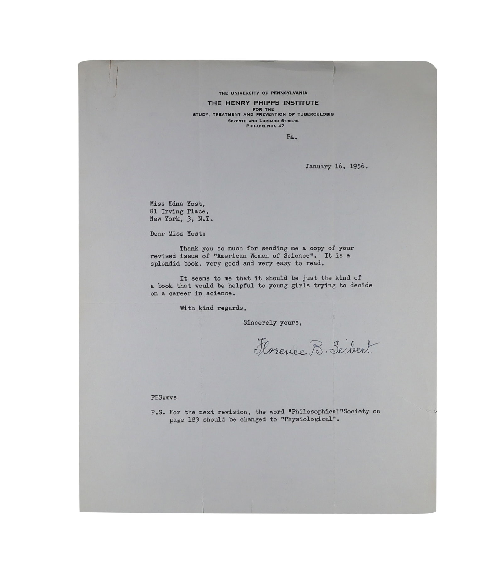Florence B. Seibert Typed Letter Signed, 1956: TB Test Pioneer Writes on Women in Science: Florence B. Seibert (1897-1991), the biochemist whose isolation of a pure protein derivative from tuberculosis bacteria became the basis of the standard TB skin test used worldwide, signs this typed l