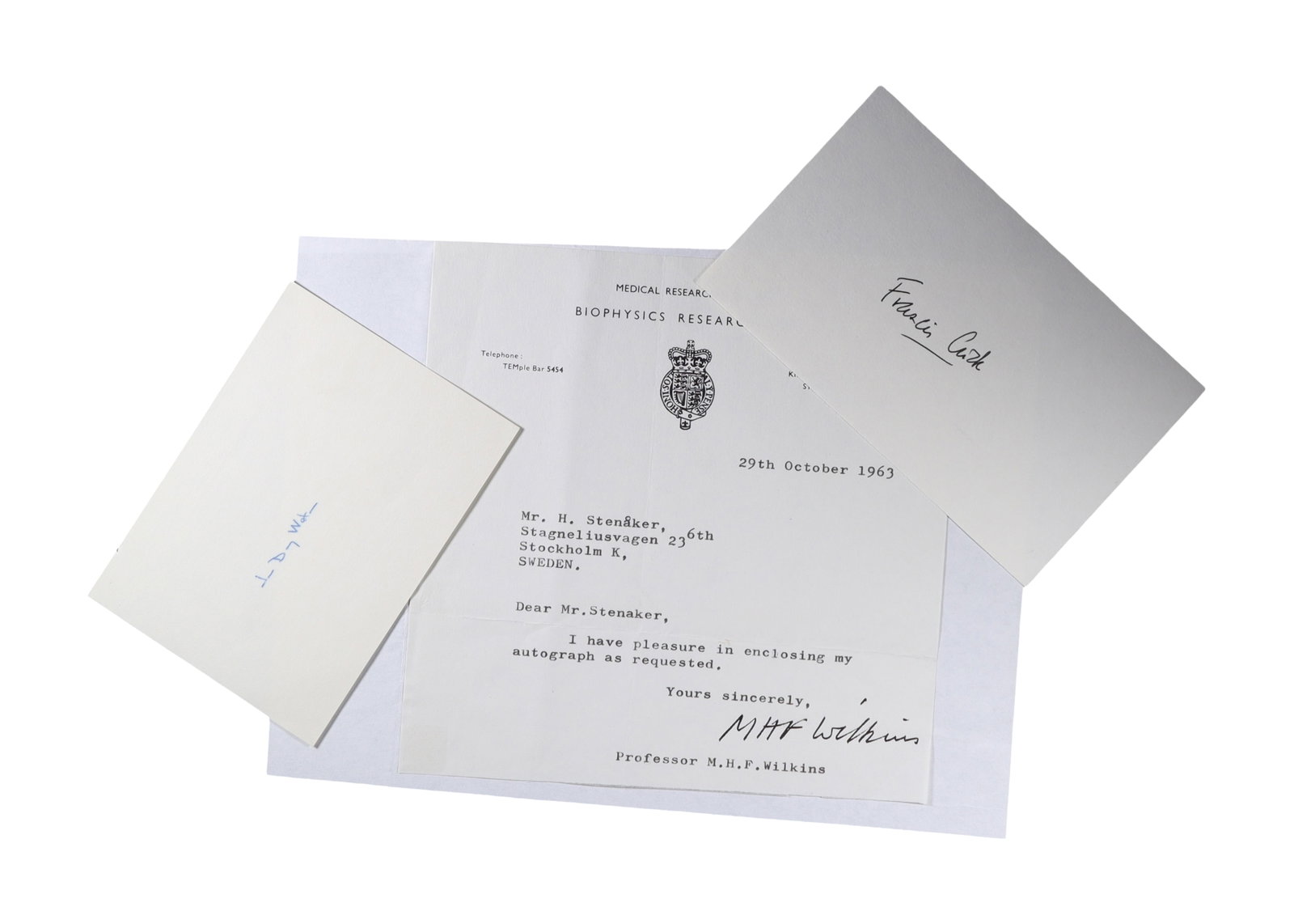 FRANCIS CRICK SIGNED CARD AND MAURICE WILKINS TLS CO DISCOVERERS OF DNA, 1963: A notable double: signatures of two of the three scientists awarded the 1962 Nobel Prize in Physiology or Medicine for the discovery of the double helix structure of DNA. Francis Crick (1916-2004) sig