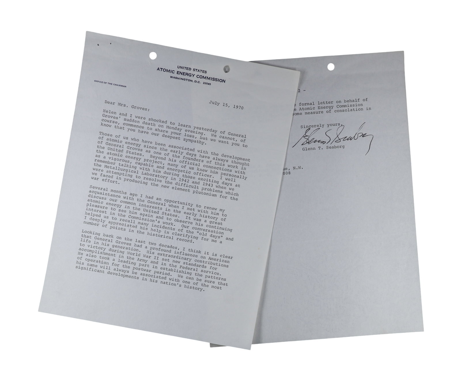 Glenn T. Seaborg TLS to Mrs. Leslie R. Groves on the Death of General Groves (1 of 4)