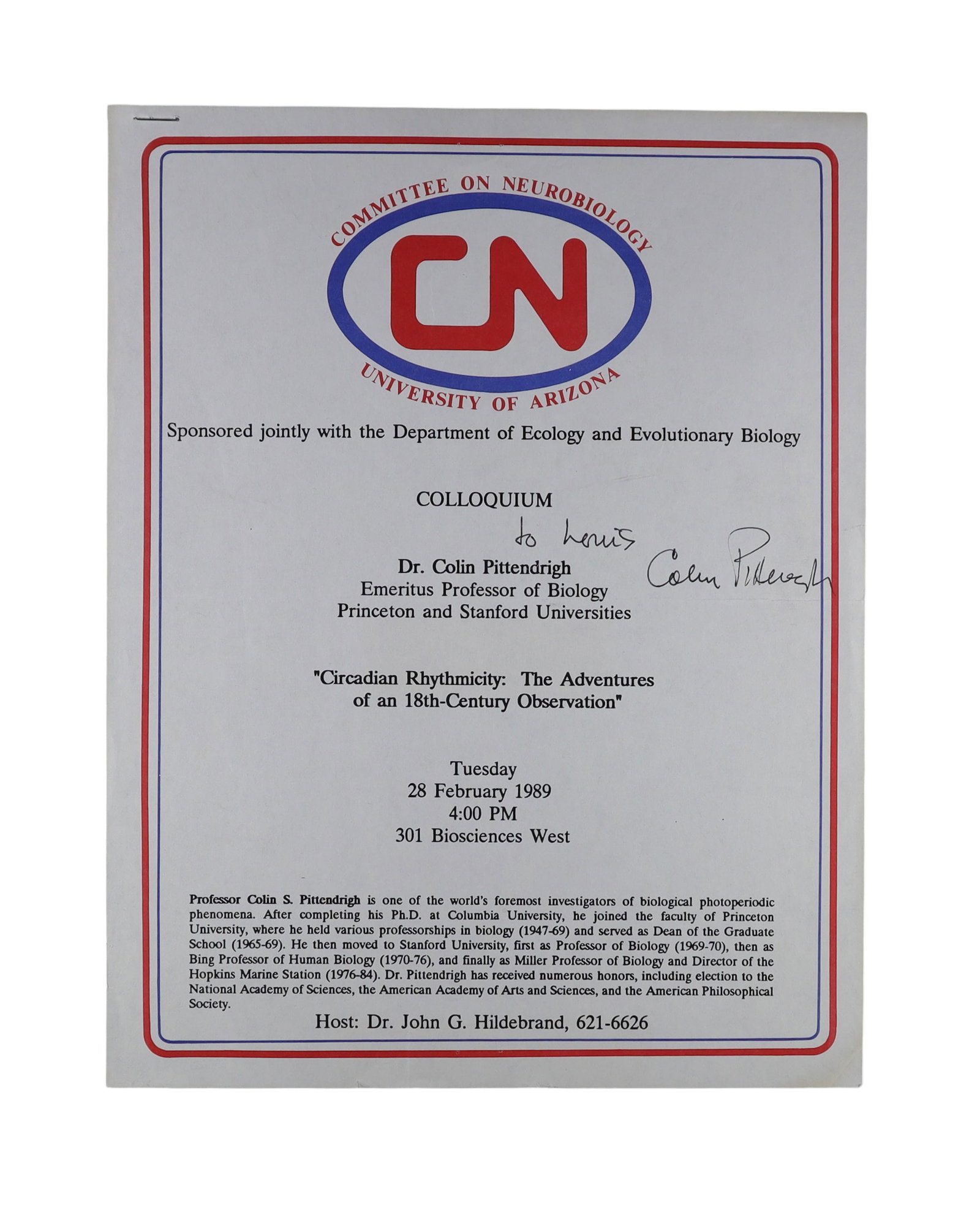 Colin Pittendrigh Signed Colloquium Program, 1989: Father of the Biological Clock (1 of 1)