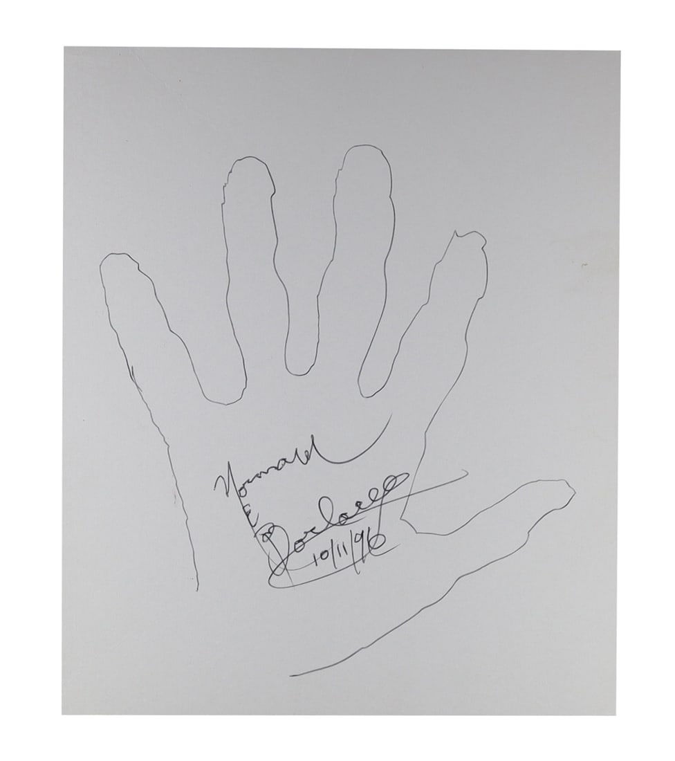 Norman Borlaug Signed Hand Tracing, Dated 1996: The Hand That Fed a Billion People: Norman Borlaug (1914-2009), Nobel Peace Prize laureate and father of the Green Revolution. A pen traced outline of Borlaug's hand on a large sheet of white paper, signed "Norman Borlaug" and dated "10