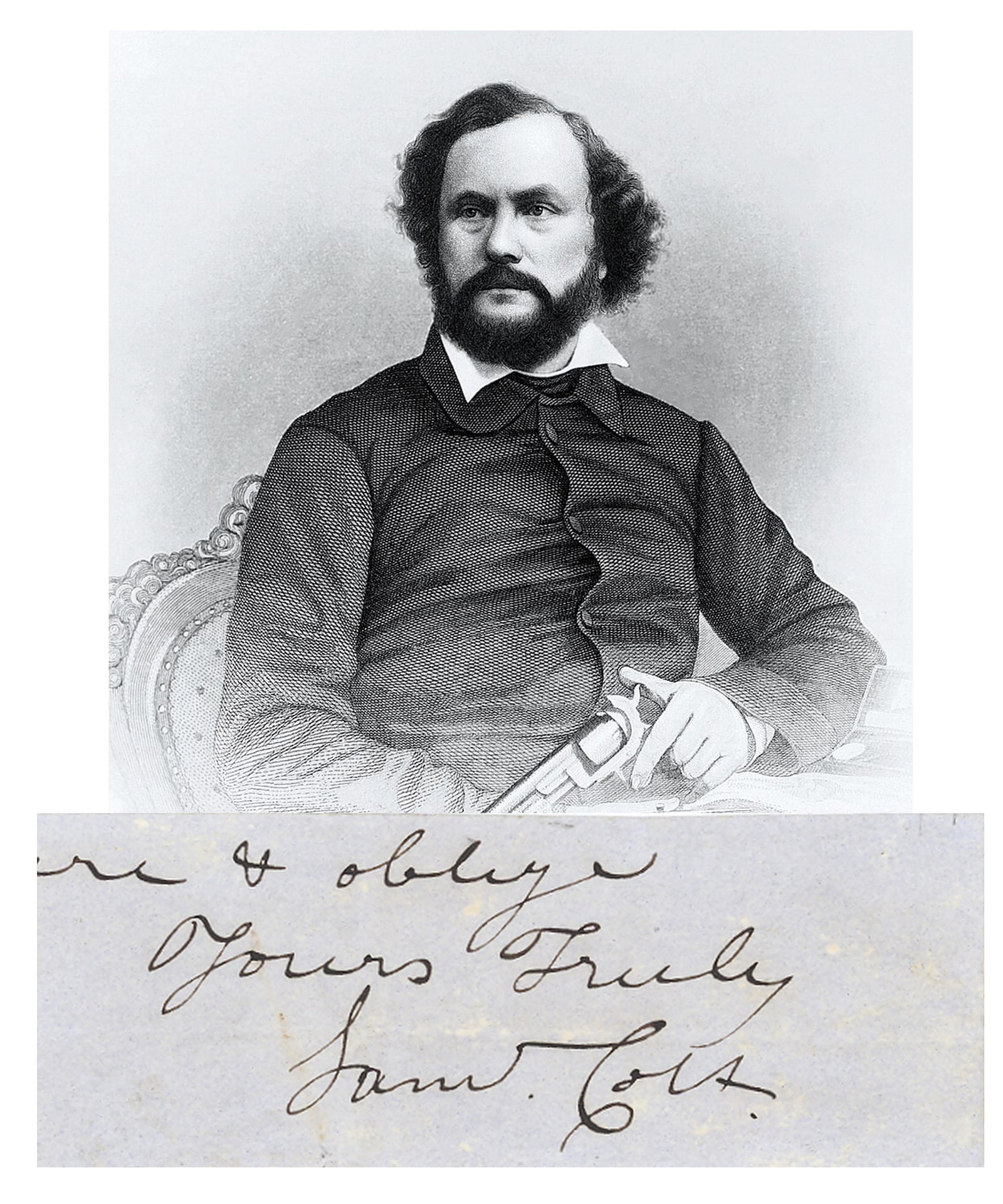 Samuel Colt Clipped Signature ('Yours Truly / Saml. Colt'), Inventor of the Revolver: A clipped signature of Samuel Colt (1814-1862), the American inventor and industrialist renowned for the development of the revolver and the mechanized mass production of firearms. HISTORICAL CONTEXT: