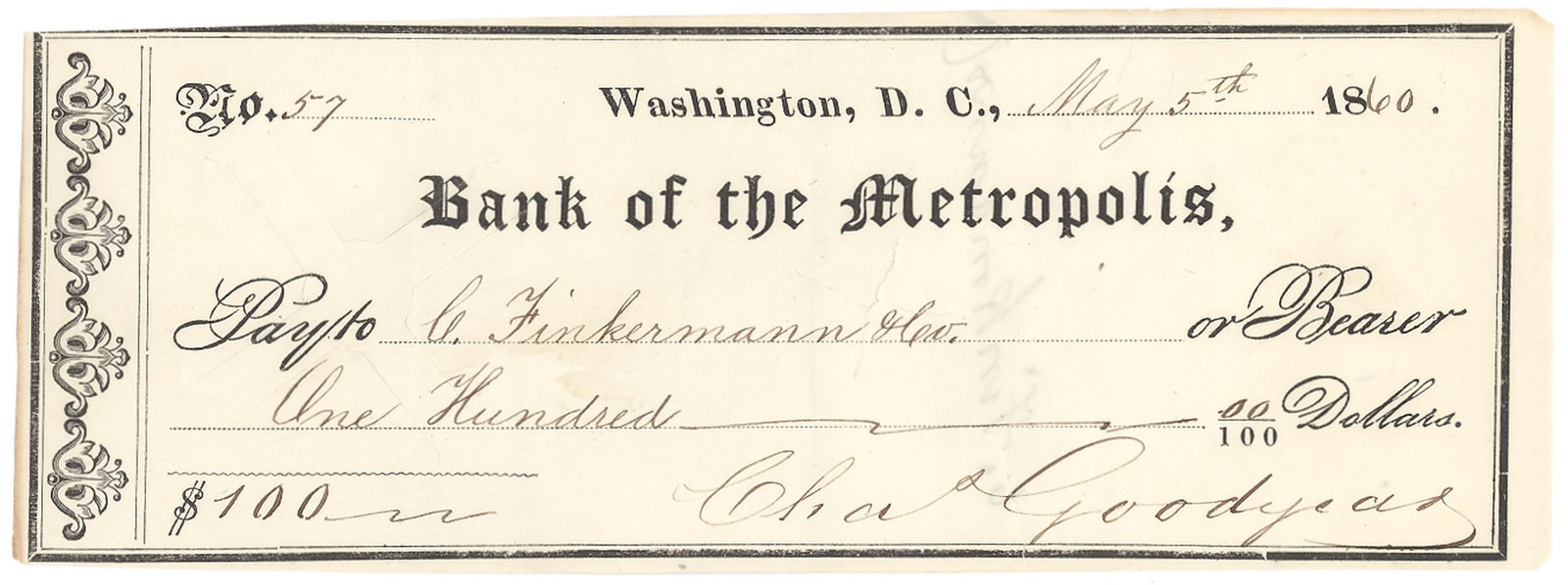 Charles Goodyear Signed Bank Check, Bank of the Metropolis, Washington D.C., May 5, 1860 (1 of 3)