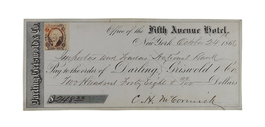 Cyrus H. McCormick Signed Check on Importers and Traders National Bank, Fifth Avenue Hotel, New York: October 1866, Inventor of the Mechanical Reaper Cyrus Hall McCormick (1809-1884), the American inventor whose mechanical grain reaper transformed agriculture and made the settlement of the Great Plain