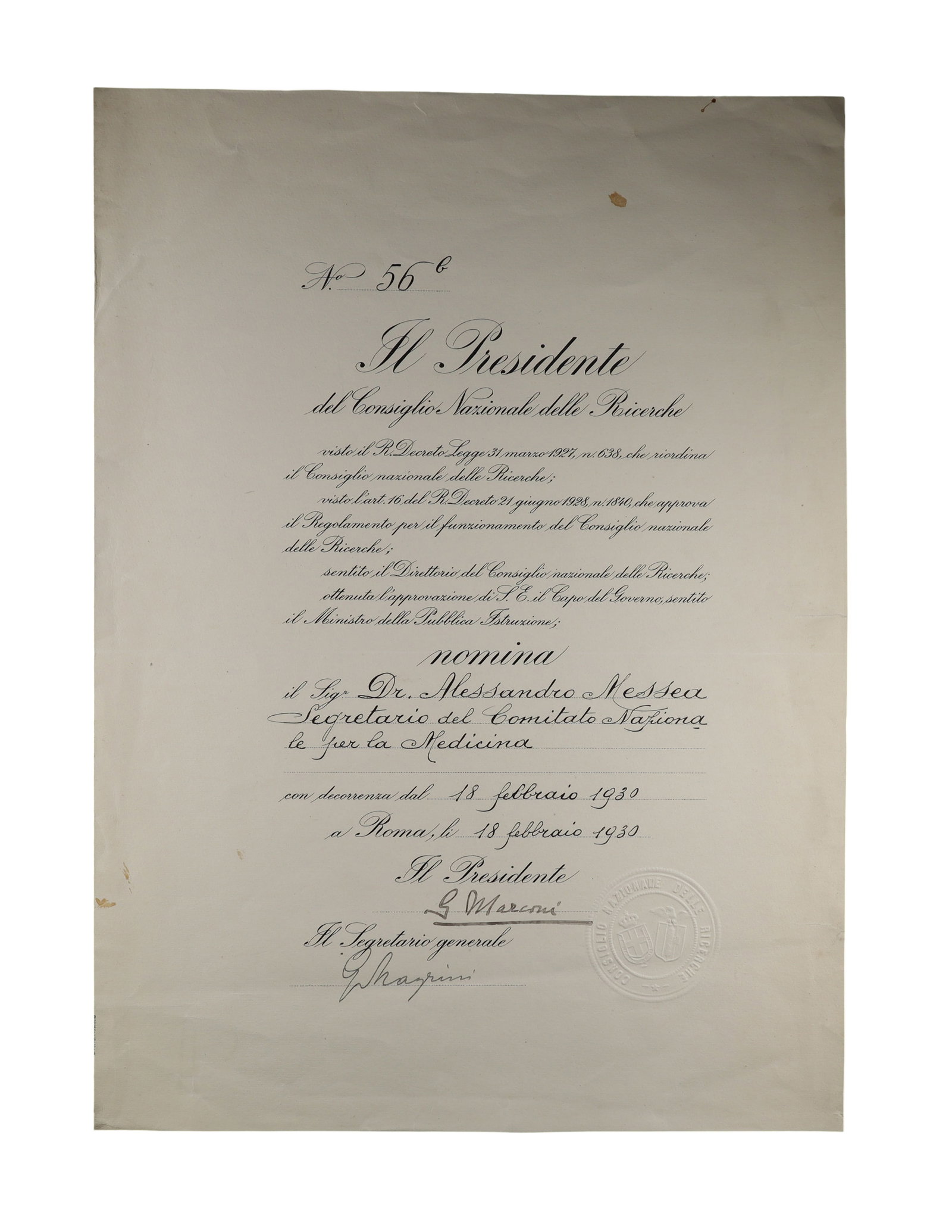 Guglielmo Marconi Signed Italian Government Appointment Document as President of the National (1 of 1)