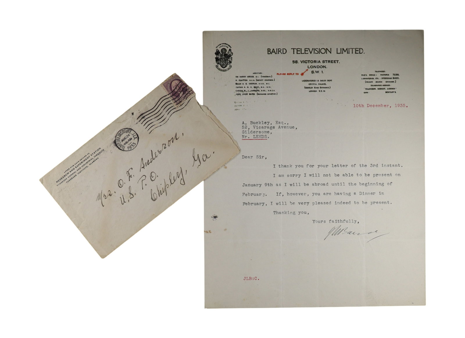 John Logie Baird TLS on Baird Television Limited Letterhead, Signed as Managing Director, London (1 of 1)