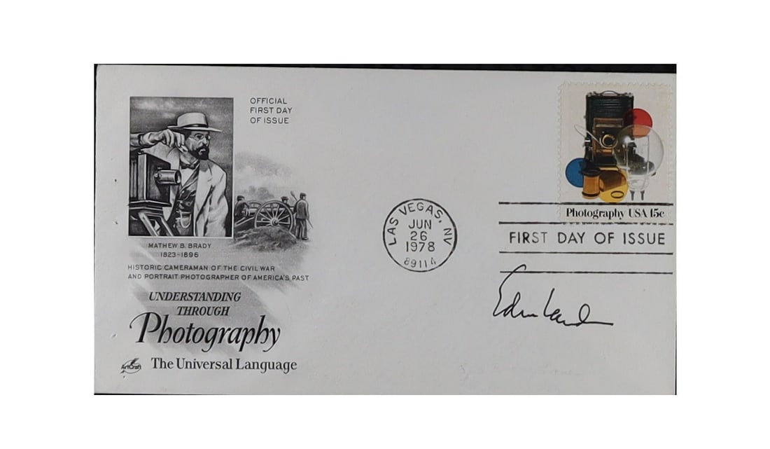 Edwin Land Signed First Day Cover: Inventor of the Polaroid Instant Camera: Edwin H. Land (1909-1991), American scientist and inventor who founded the Polaroid Corporation and invented the instant camera, transforming amateur First Day of Issue cover bearing the ", The Univer