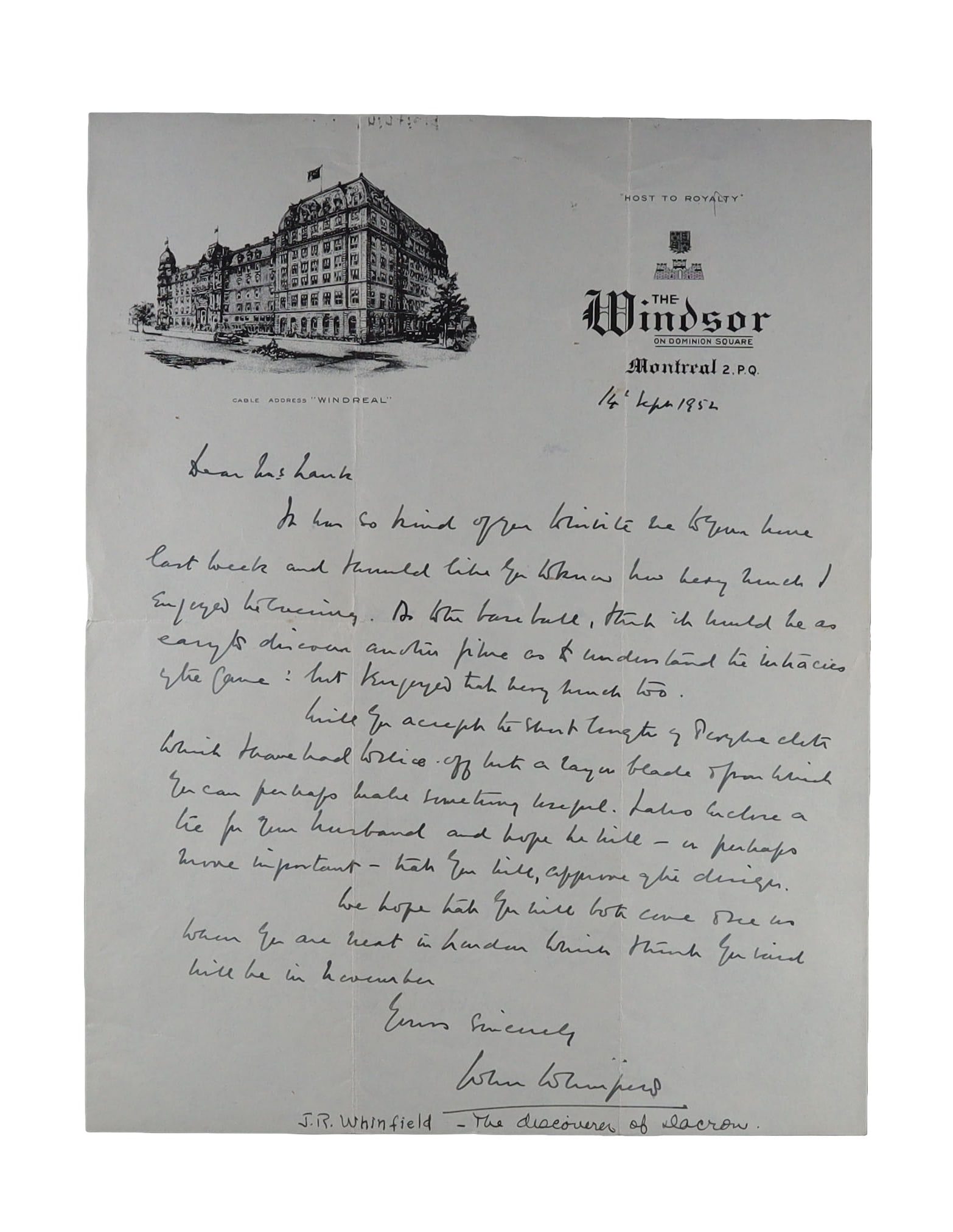 John Whinfield ALS on Windsor Hotel Letterhead, 1952: The Discoverer of Dacron Discusses His Visit (1 of 1)