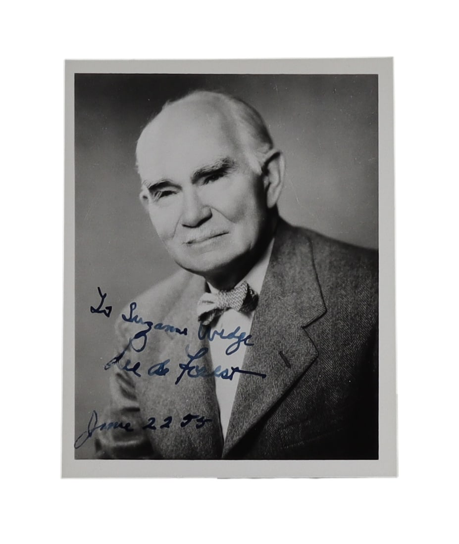 Lee de Forest Signed Portrait Photograph Inscribed to Suzanne Grigg, Father of Radio, 1955: Lee de Forest Signed Portrait Inscribed to Suzanne Grigg, Father of Radio, 1955 Lee de Forest (1873-1961), the American inventor known as the "Father of Radio" and "Grandfather of Television," signs a