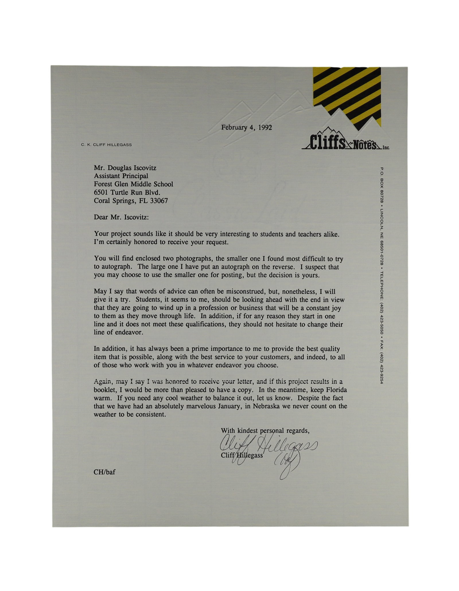 Cliff Hillegass Typed Letter Signed on CliffsNotes Letterhead with Two Accompanying Photographs (1 of 3)