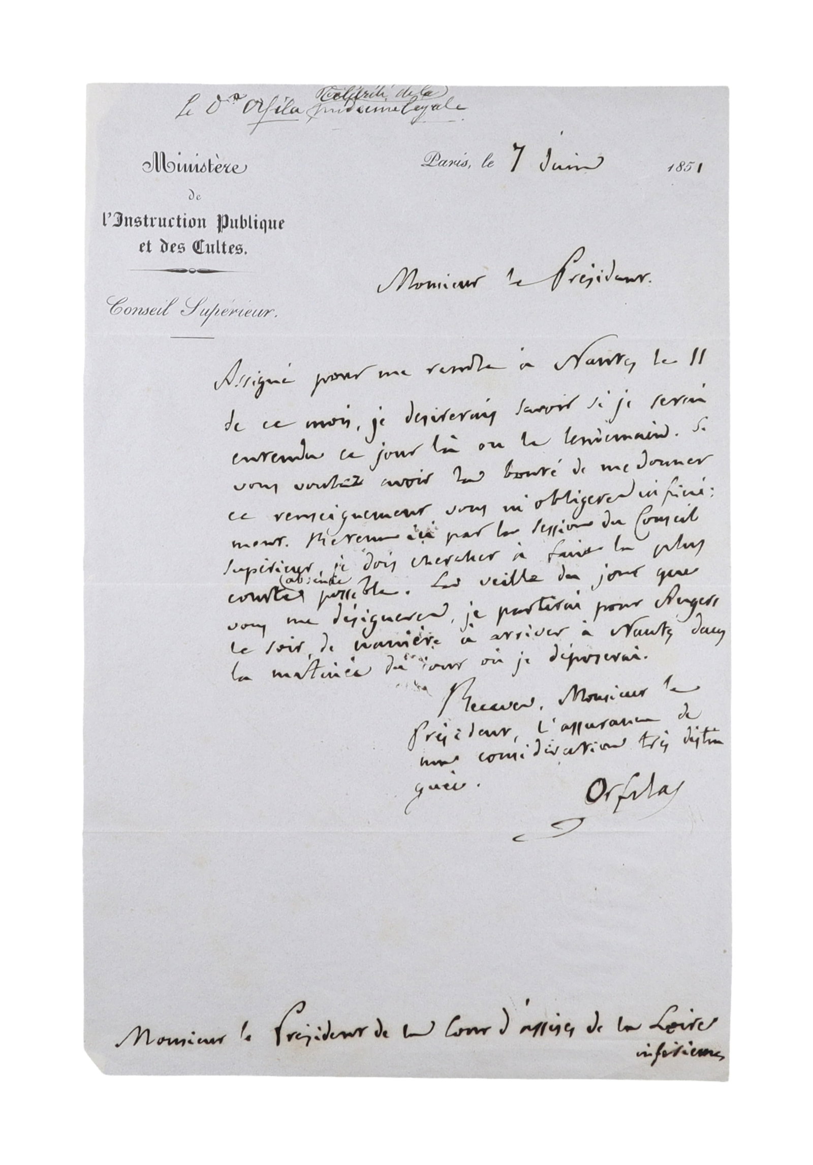 MATTHIAS JOSEPH ORFILA ALS ON MINISTERIAL LETTERHEAD, PARIS, JUNE 7 (1 of 1)