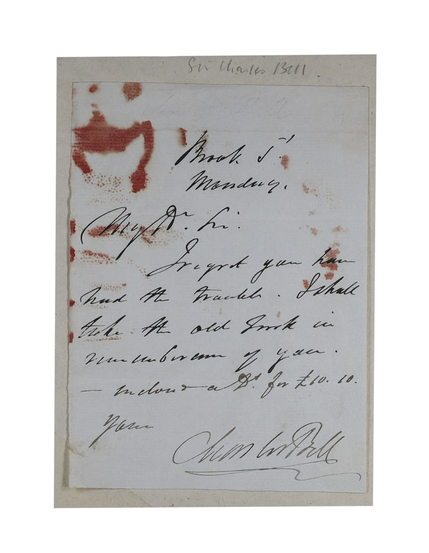 Sir Charles Bell Autograph Note Signed from Brook Street, London Anatomist Who Described Bell's (1 of 1)
