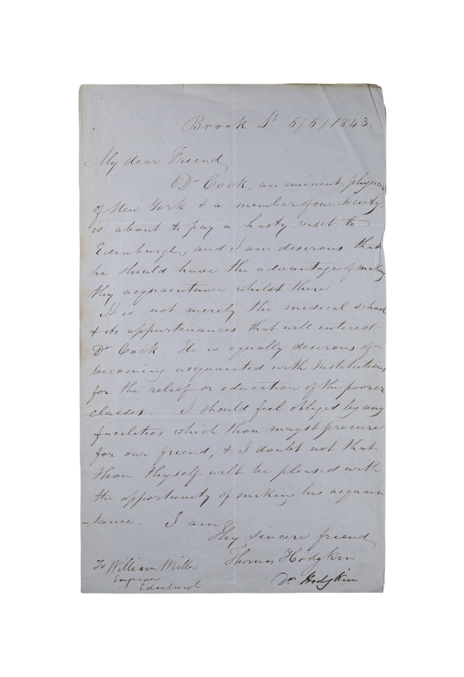 THOMAS HODGKIN ALS, BROOK STREET, MAY 6, 1843 INTRODUCING AMERICAN PHYSICIAN TO EDINBURGH MEDICAL (1 of 1)