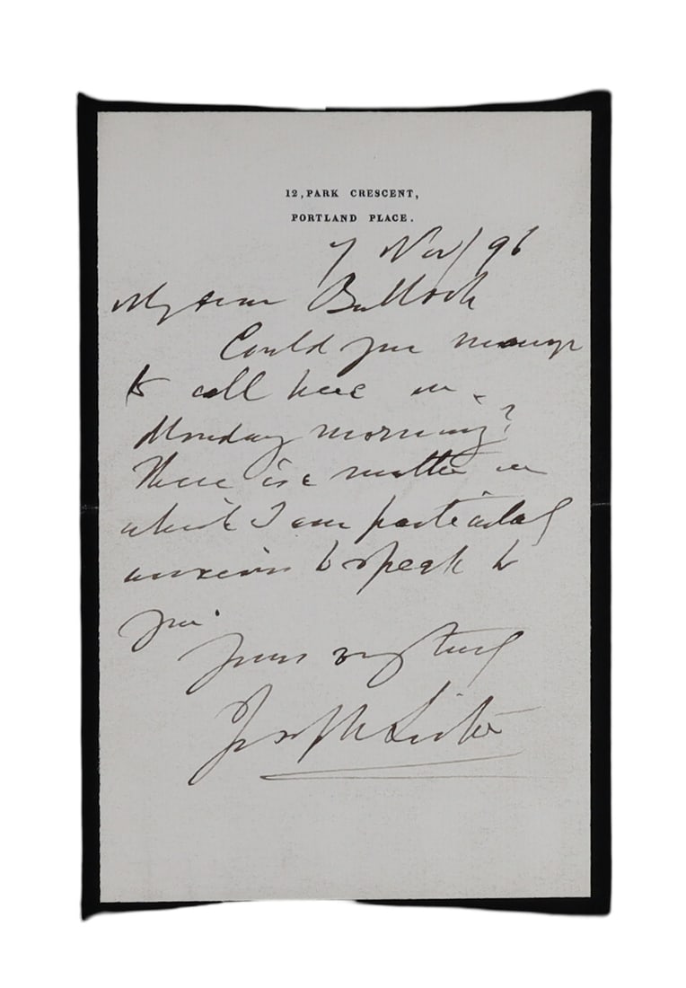 Joseph Lister Autograph Note Signed from His Portland Place Residence, November 7 (1 of 1)