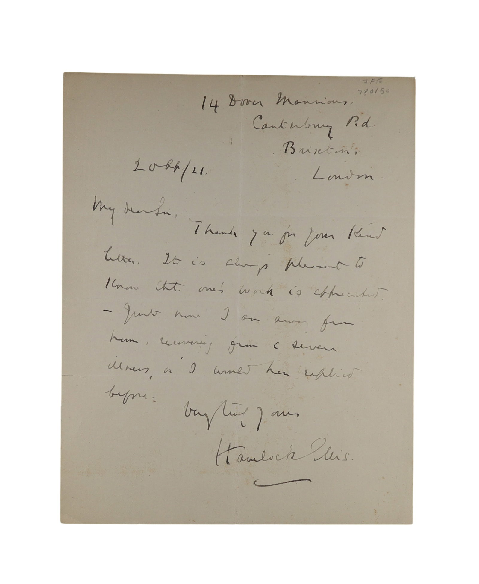 Havelock Ellis Autograph Letter Signed, 1921 Pioneer of the Scientific Study of Human Sexuality (1 of 1)