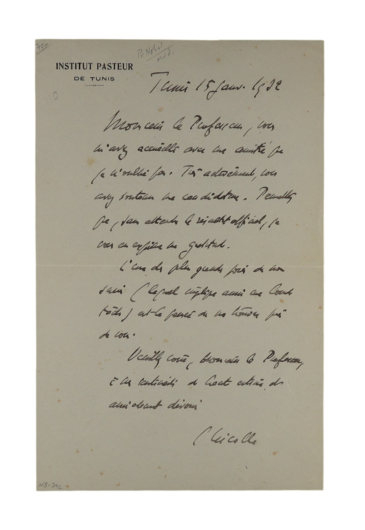 Charles Nicolle Autograph Letter Signed on Institut Pasteur de Tunis Letterhead, Tunis, January 15 (1 of 1)