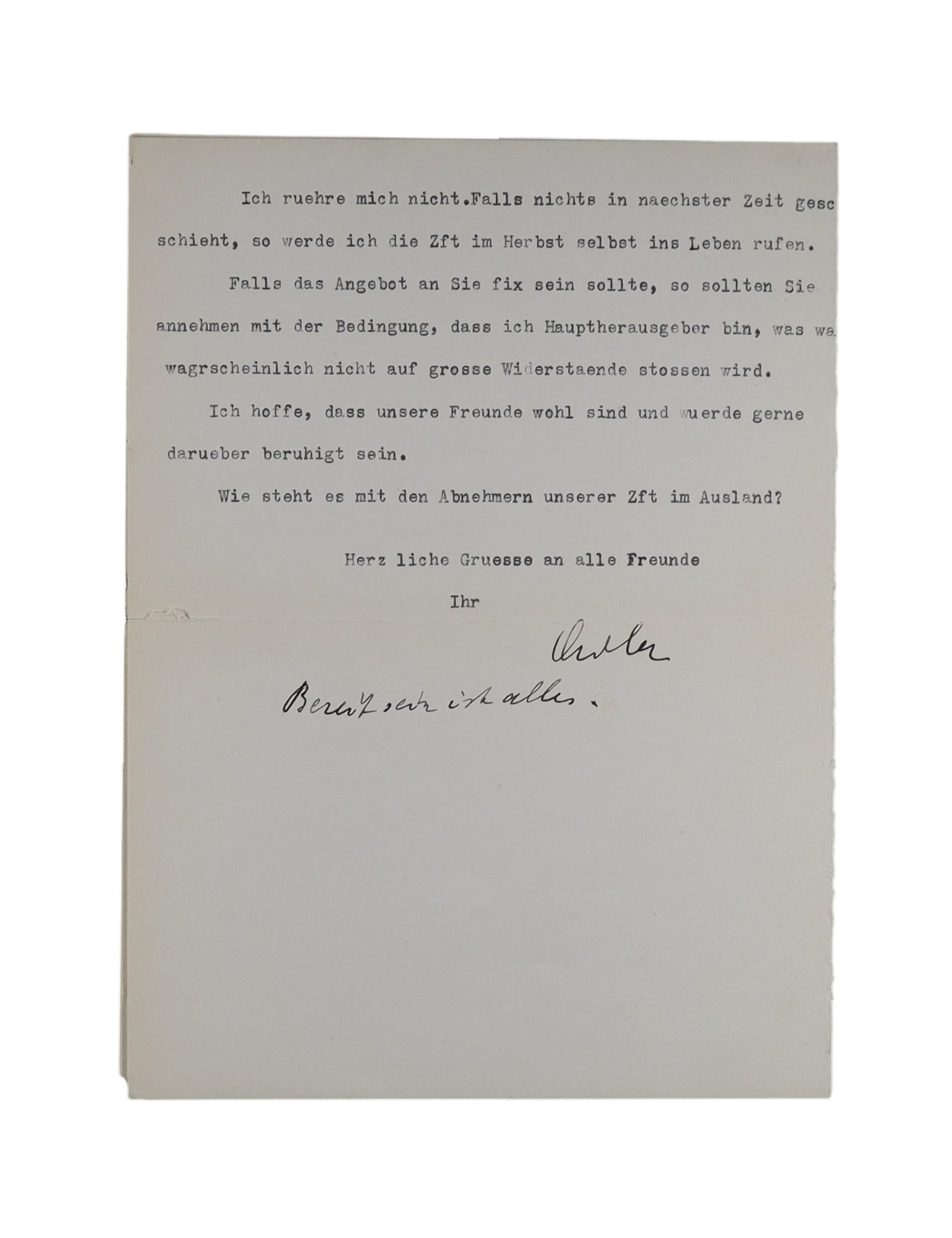 Alfred Adler Typed Letter Signed (German) Founder of Individual Psychology: Founder of Individual Psychology and Originator of the "Inferiority Complex" Alfred Adler (1870-1937), the Austrian psychotherapist who broke with Freud to found the school of individual psychology an