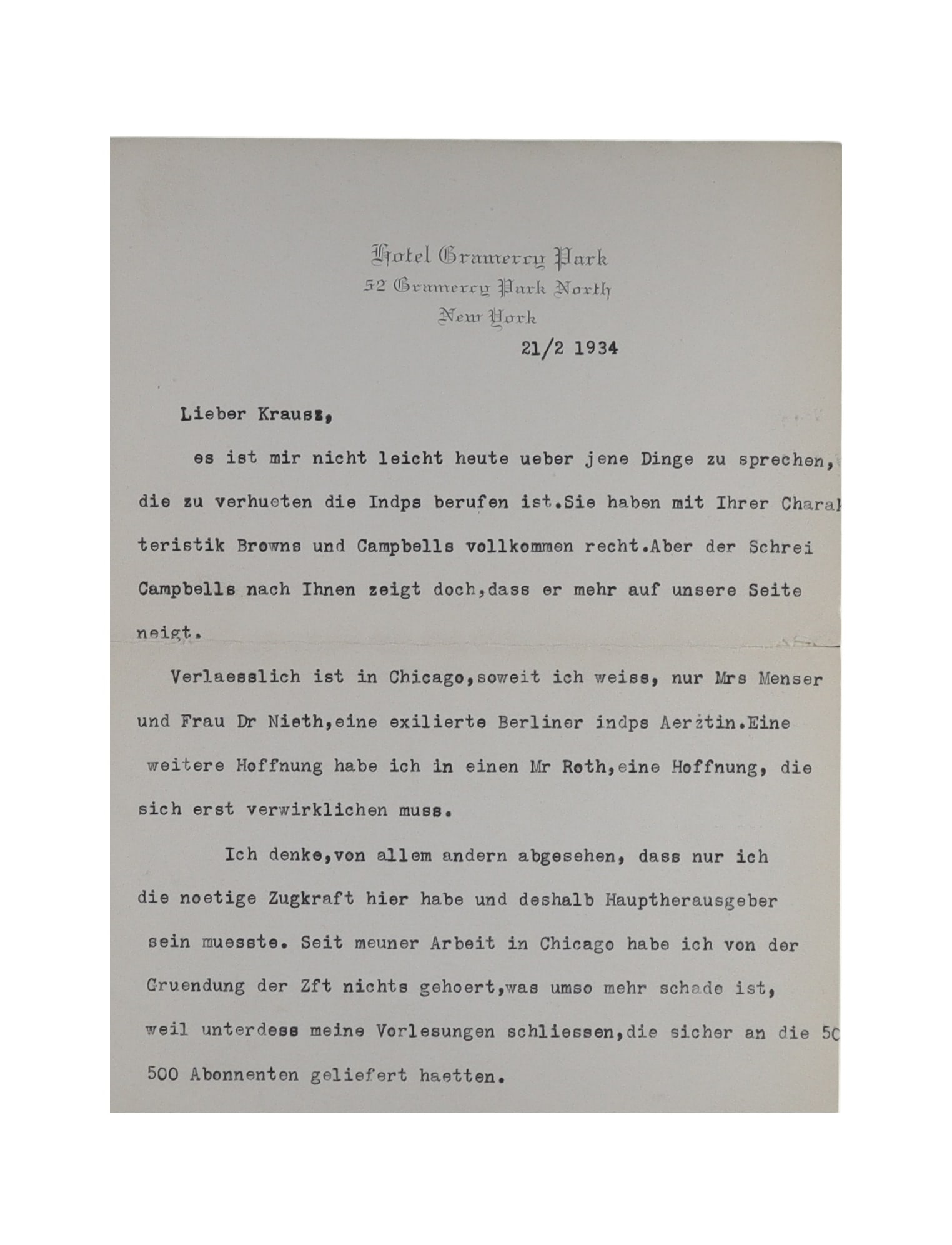 Alfred Adler Two Page German TLS on Individualpsychologie Journal Politics, New York Exile, 1934 (1 of 2)