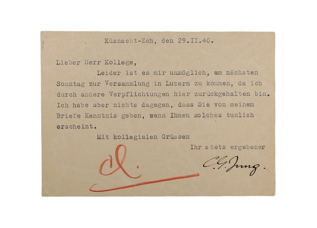 C.G. JUNG TYPED POSTCARD SIGNED, KUSNACHT, FEBRUARY 29, 1940 ADDRESSED TO DR. O. L. FOREL (1 of 2)