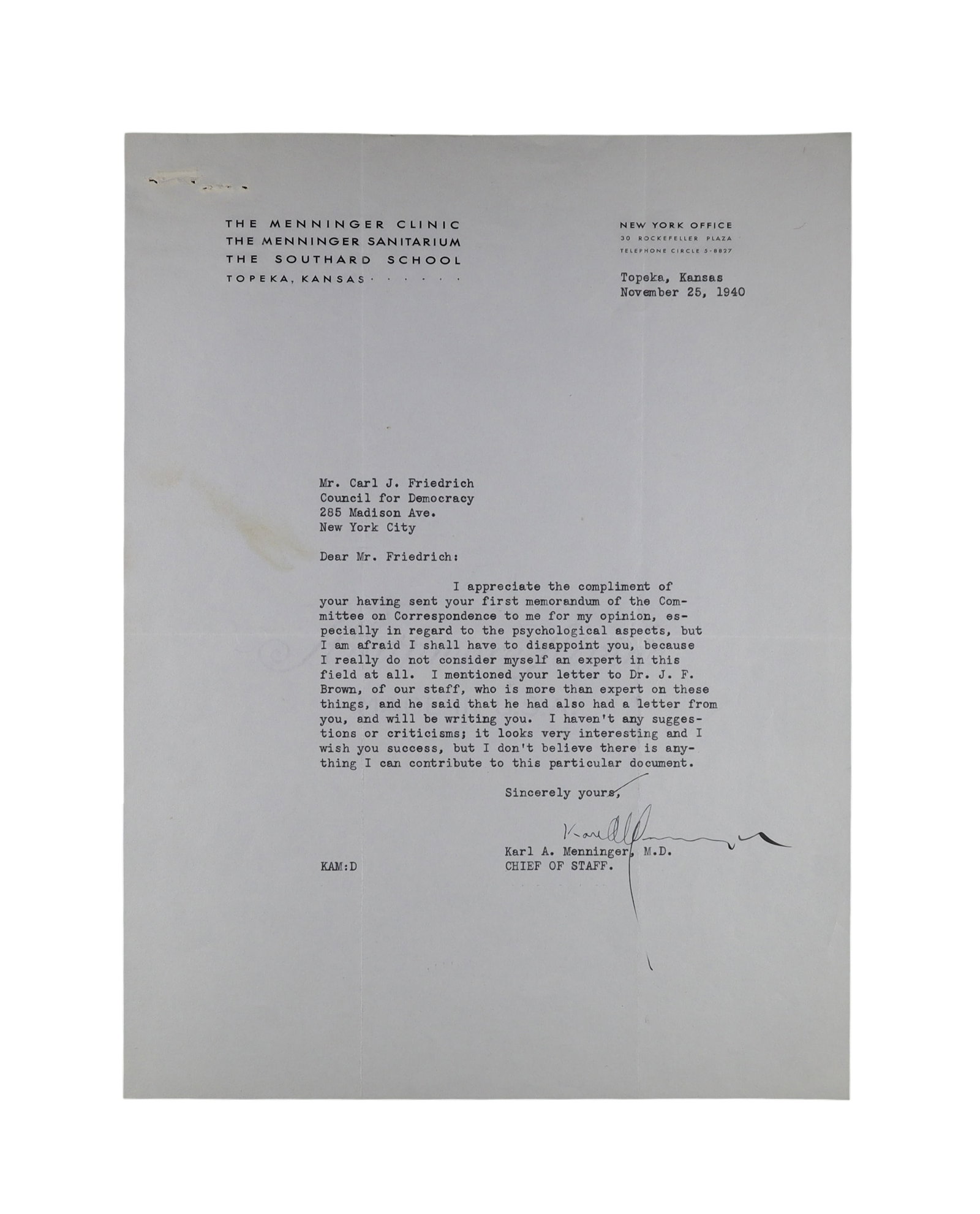 Karl Menninger Typed Letter Signed, 1940, Plus Four Signed Photographs: Karl Menninger Typed Letter Signed, 1940, Plus Four Signed: The Dean of American Psychiatry Karl Menninger (1893-1990), the psychiatrist who built the Menninger Clinic in Topeka, Kansas into the most 