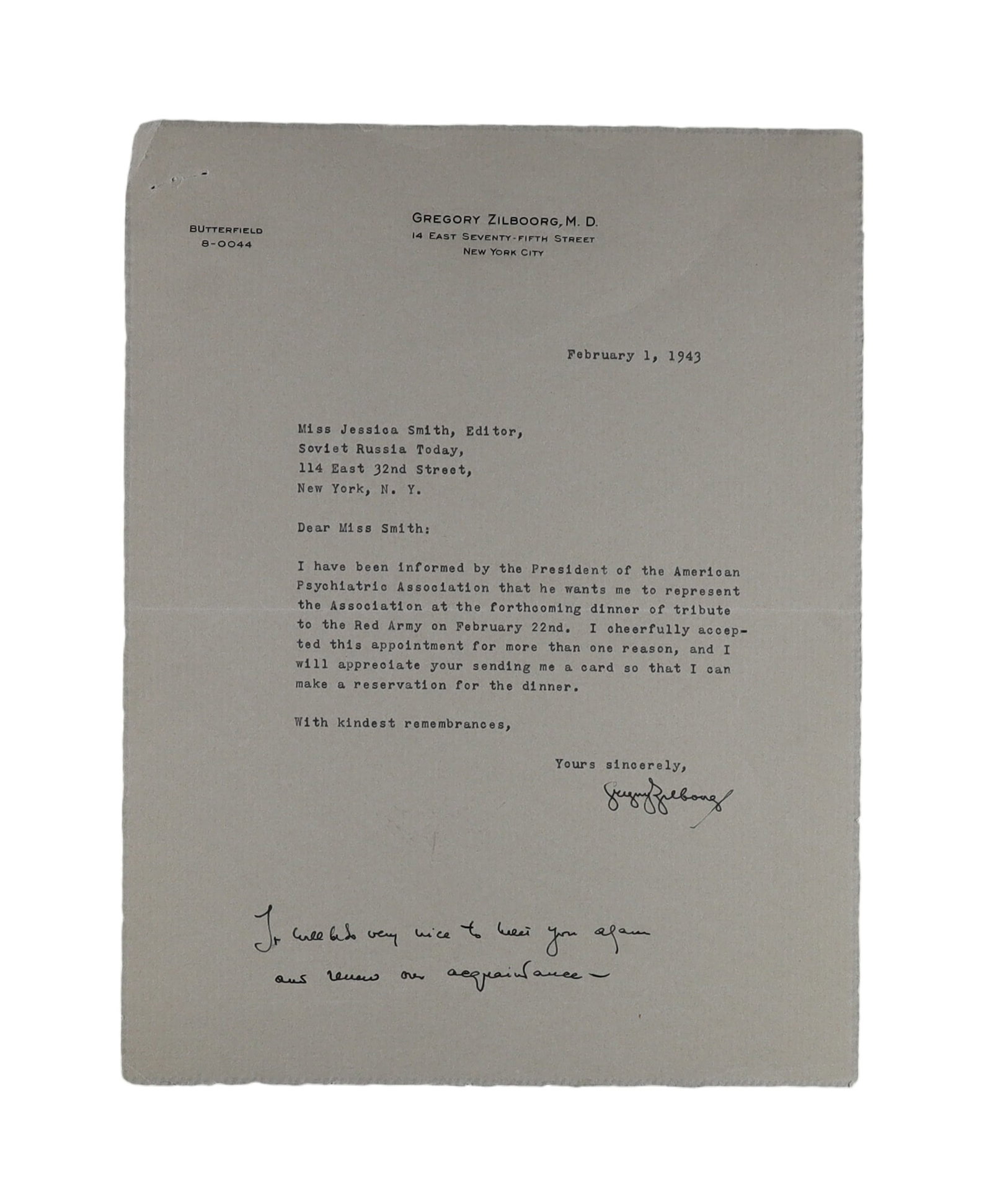 Gregory Zilboorg Typed Letter Signed with Autograph Postscript, 1943 (1 of 1)