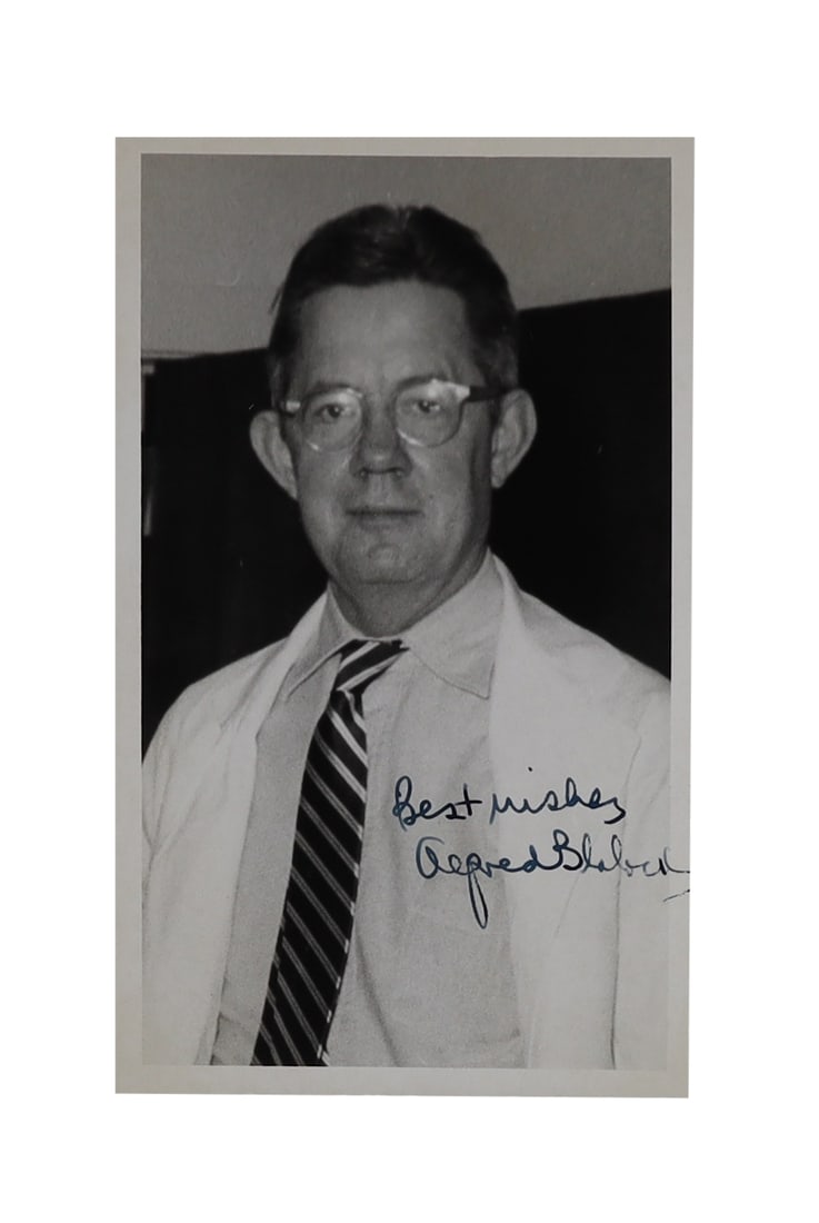 Alfred Blalock Signed Photograph Pioneer of Blue Baby Surgery: Pioneer of "Blue Baby" Surgery Alfred Blalock, M.D. (1899-1964), the Johns Hopkins surgeon who in 1944, together with Helen Taussig and surgical technician Vivien Thomas, performed the first successfu
