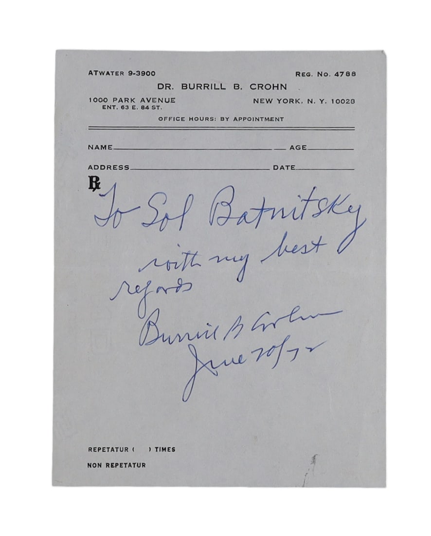 Rare Burrill B. Crohn Signed Inscription on Personal Prescription Pad (1 of 1)