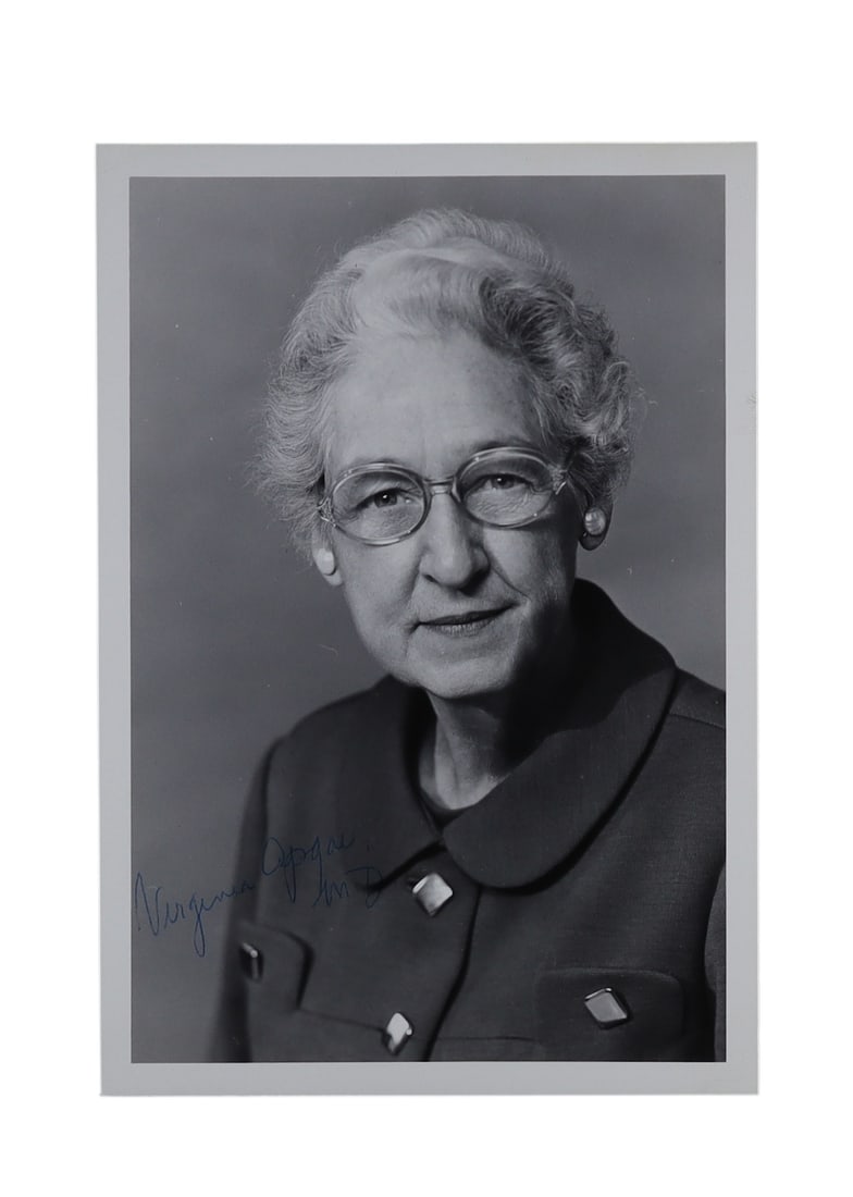 Virginia Apgar Signed Portrait Photograph Inventor of the Apgar Score: Virginia Apgar Signed Portrait, Inventor of the Apgar Score, the Universal Standard for Newborn Health Assessment Virginia Apgar (1909-1974), the American obstetrical anesthesiologist who in 1952 devi