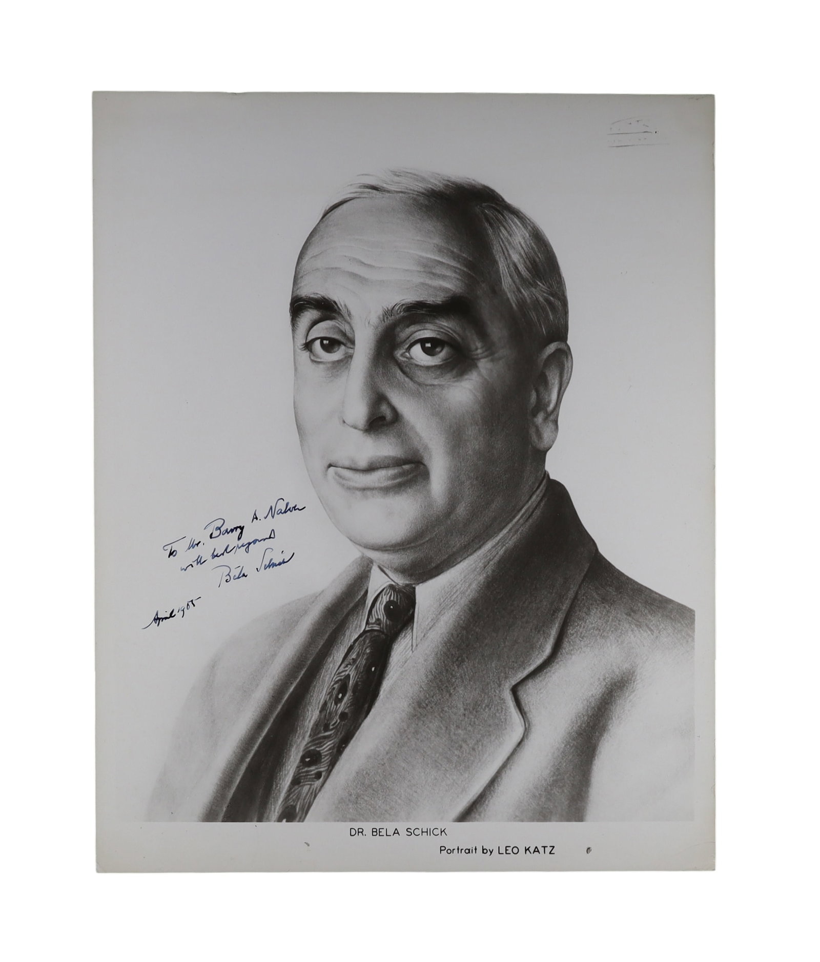 Béla Schick Signed Large Portrait Photograph by Leo Katz, Inscribed to Mrs. Barry A. Naber, (1 of 1)