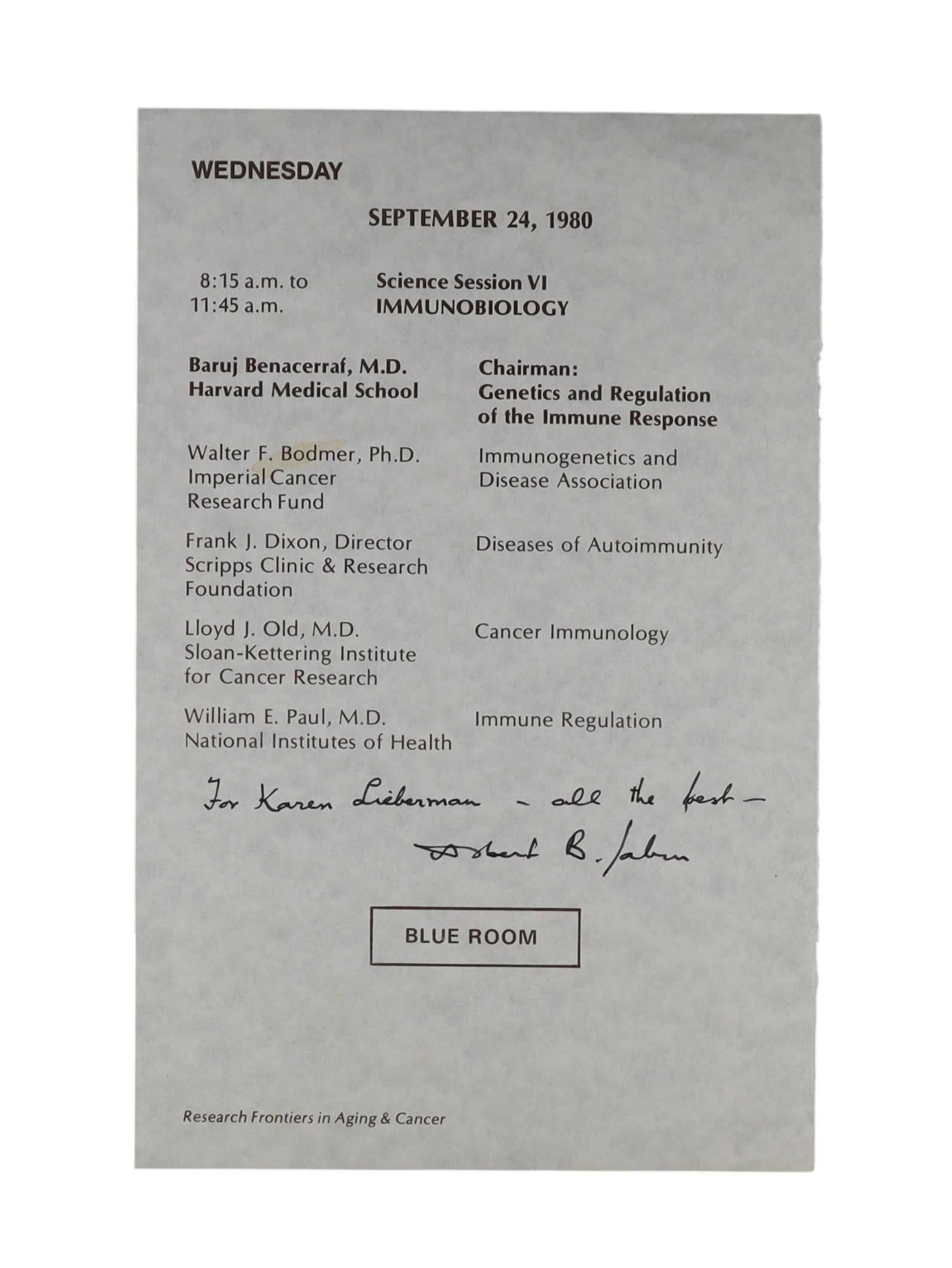 Albert B. Sabin Signed Conference Program Page Inscribed to Karen Lieberman (1 of 2)