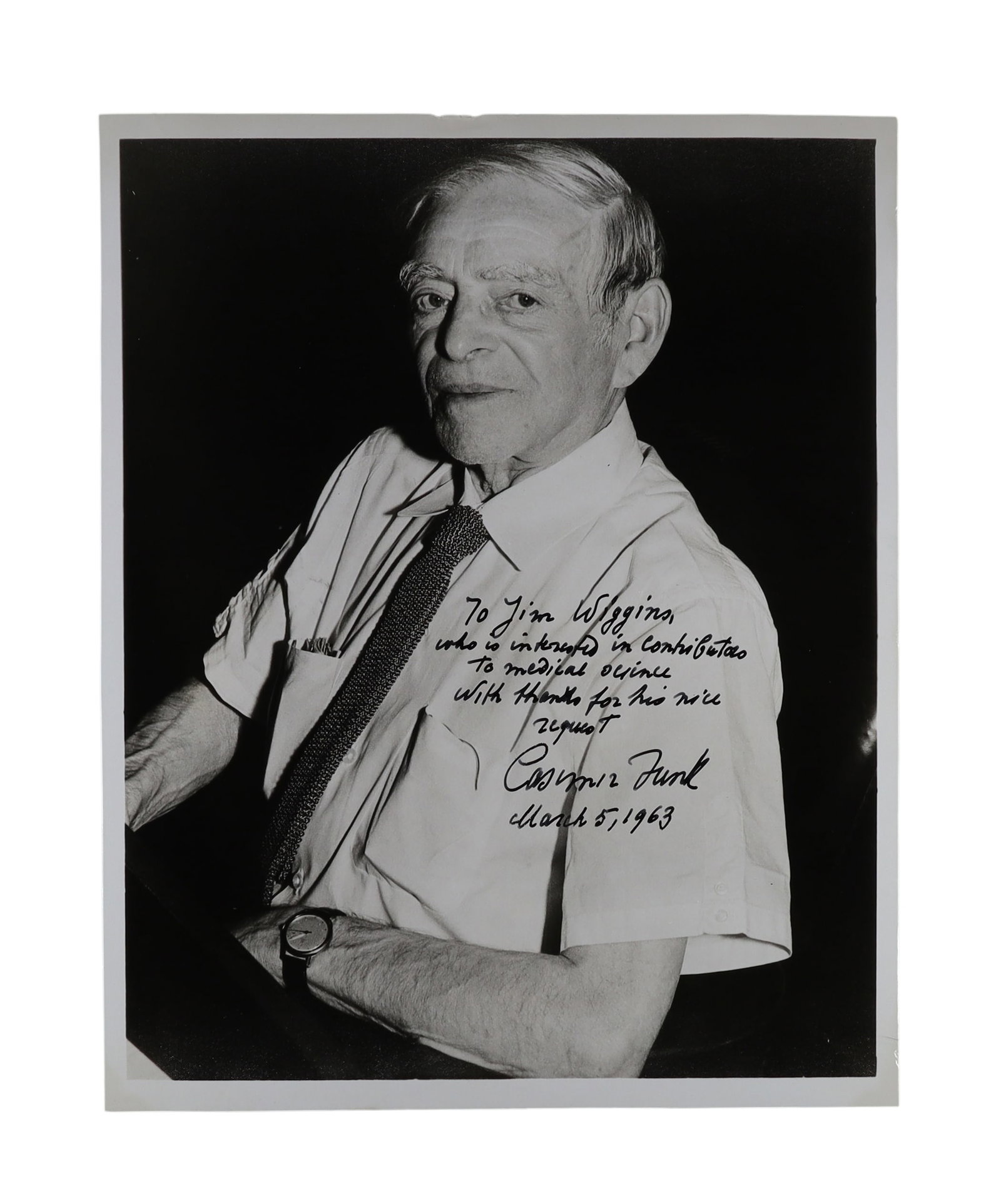 Casimir Funk Two Piece Signed Archive: Inscribed Photo to Jim Wiggins 1963 and Signed Card to (1 of 3)