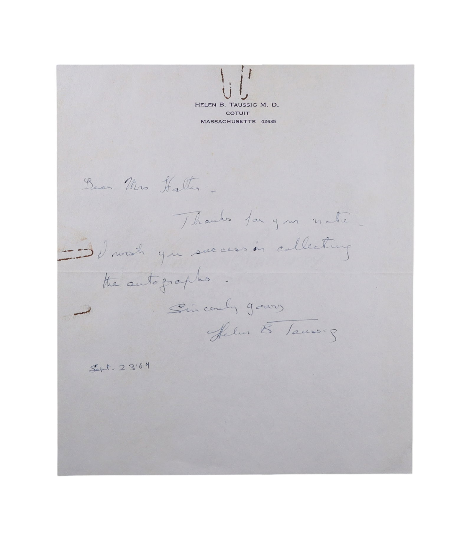 HELEN B. TAUSSIG ALS CO DEVELOPER OF THE BLUE BABY OPERATION, SEPTEMBER 23, 1969 (1 of 1)