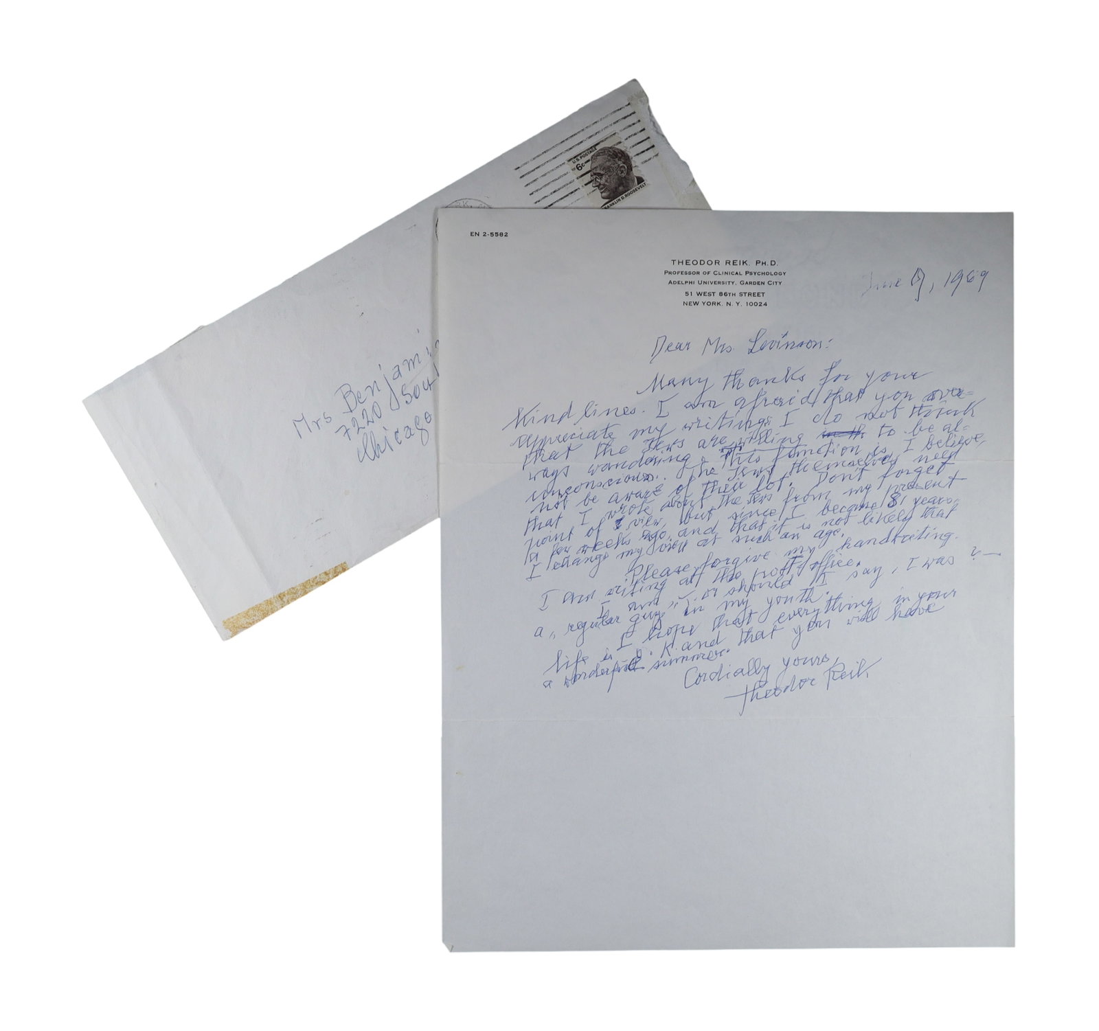 Theodor Reik Autograph Letter Signed with Original Envelope, 1969: Freud's Protege on His Own Writings and Old Age Theodor Reik (1888-1969), the psychoanalyst who was among Sigmund Freud's most gifted students and who founded the National Psychological Association fo