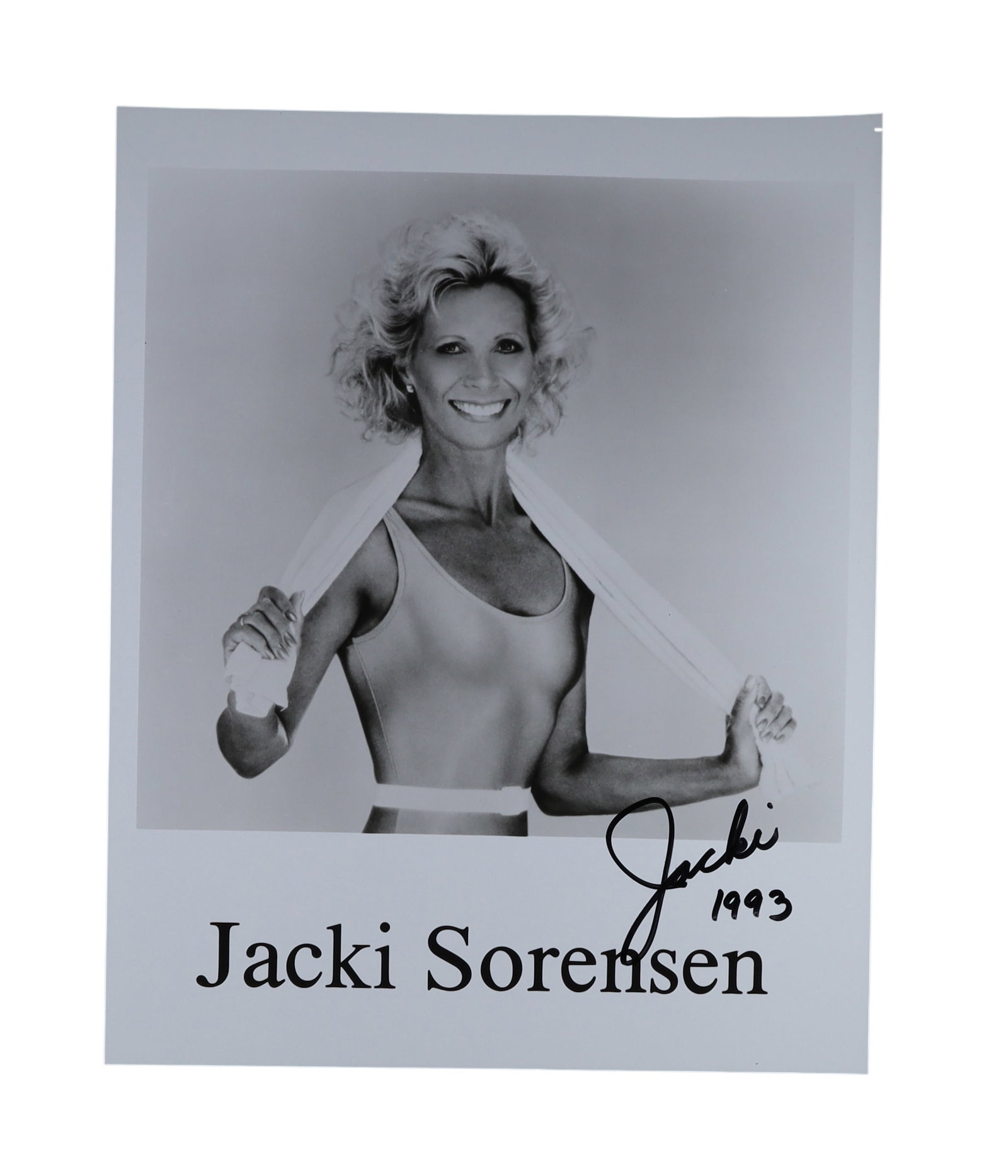 Jacki Sorensen Signed Promotional Photograph, 1993: Pioneer of Aerobic Dance: Jacki Sorensen Signed Promotional, 1993: Pioneer of Aerobic Dance Jacki Sorensen (b. 1942), the fitness innovator who created aerobic dancing in 1969 and built it into a nationwide phenomenon with mor