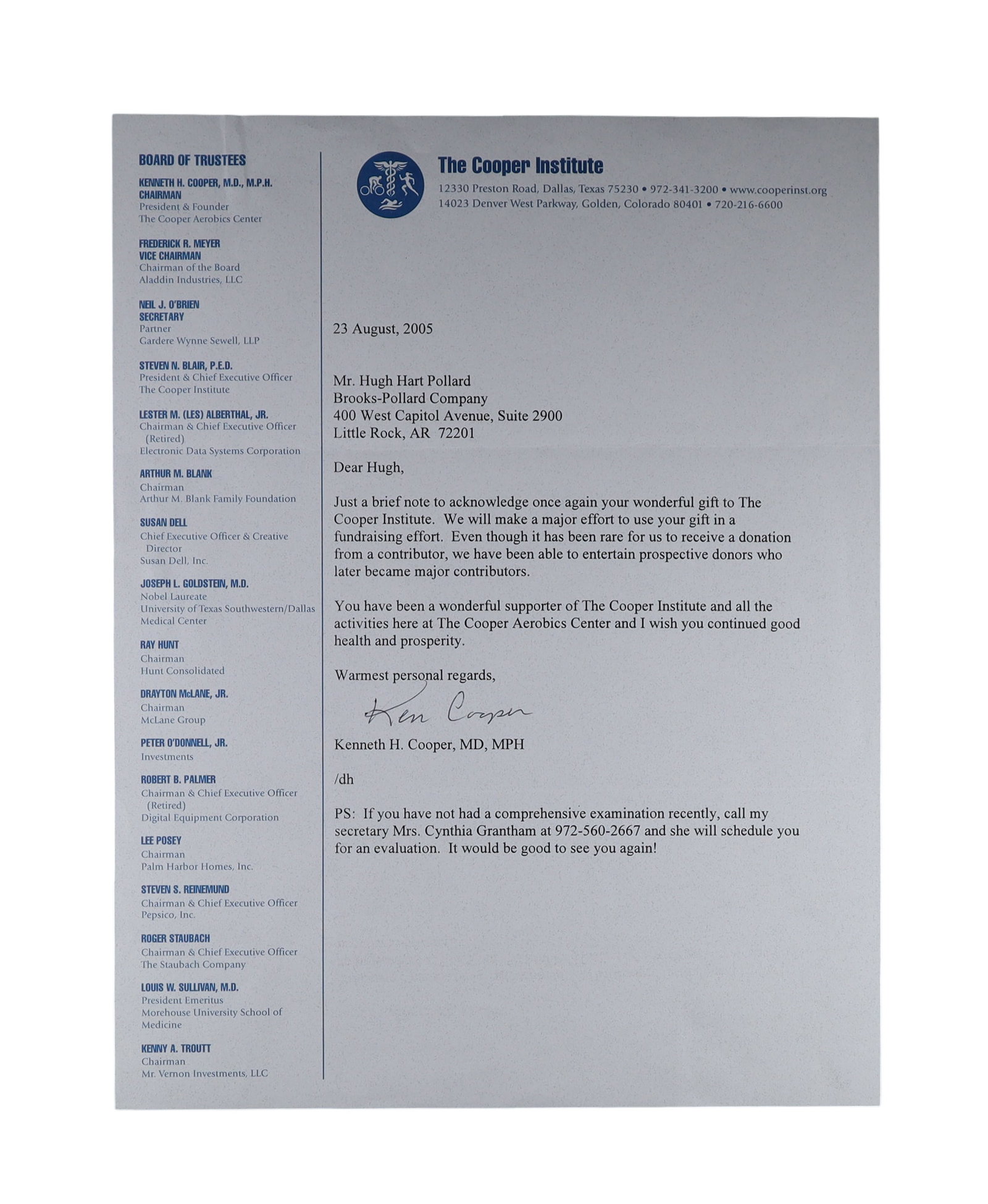 Kenneth H. Cooper Typed Letter Signed on Cooper Institute Letterhead, 2005 (1 of 1)