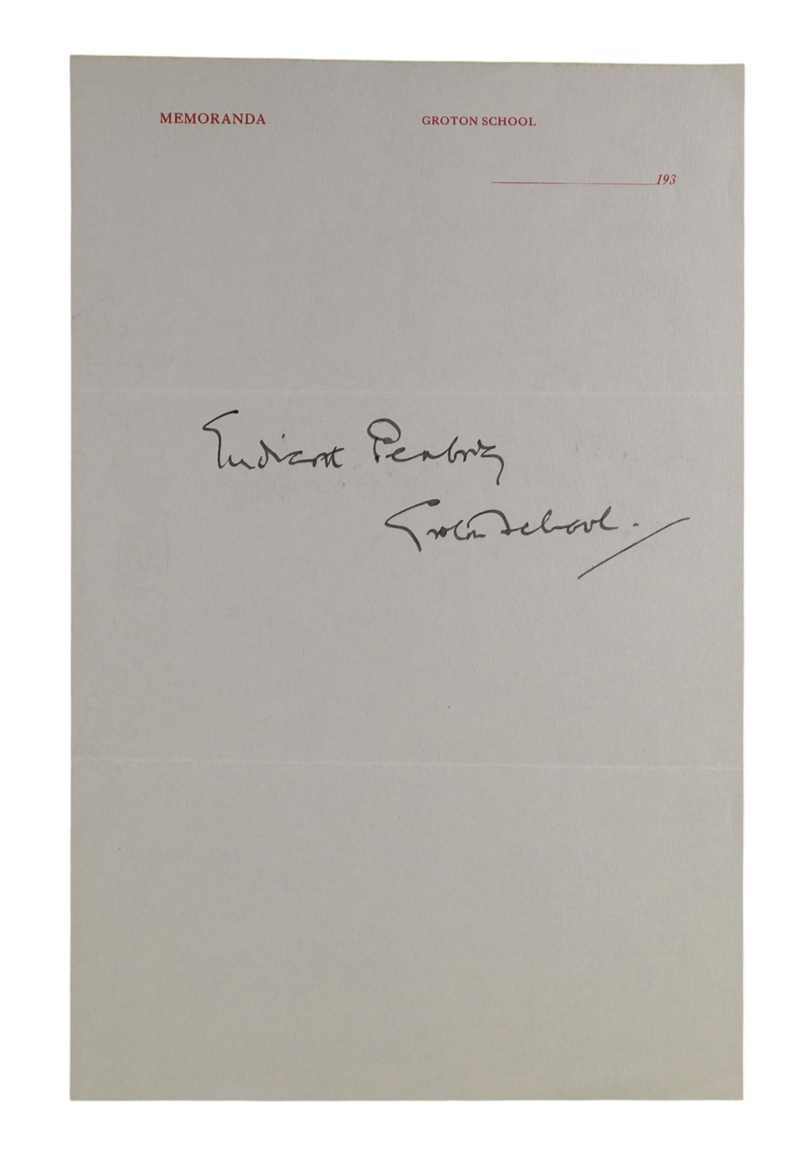 Rev. Endicott Peabody Autograph Memorandum Signed on Groton School Letterhead Franklin Roosevelt's (1 of 1)