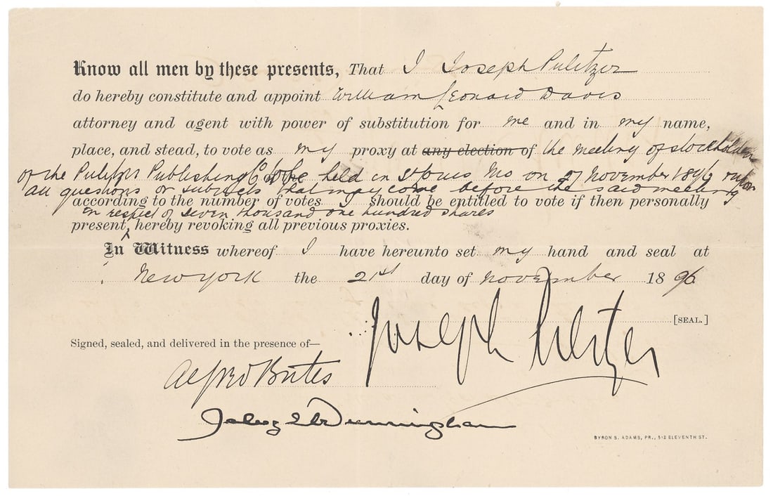 Joseph Pulitzer Signed Proxy Document for the Pulitzer Publishing Company, New York, November 21 (1 of 1)