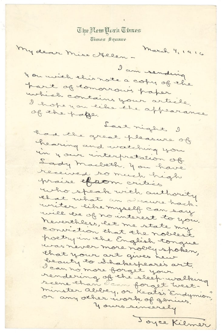 Joyce Kilmer Two Autograph Letters Signed on New York Times Letterhead: Joyce Kilmer (1886-1918), the poet best known for "Trees" and a notably beloved American literary figures of the World War I era, signed two autograph letters on New York Times letterhead, both from 1