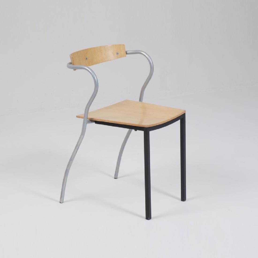 PASCAL MOURGUE: PASCAL MOURGUE (1943-2014)Ensemble de quatre chaises modèle Rio1990Bois et métalEd. ArtelanoL:48 H:73 P:50 cm