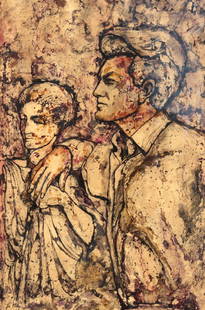 Isis LULLY (née en 1936) Portrait de Jean MARAIS: Isis LULLY (née en 1936) Portrait de Jean MARAIS accompagné d’une femme. Technique mixte sur papier. Signé en bas à gauche. 93 x 62 cm