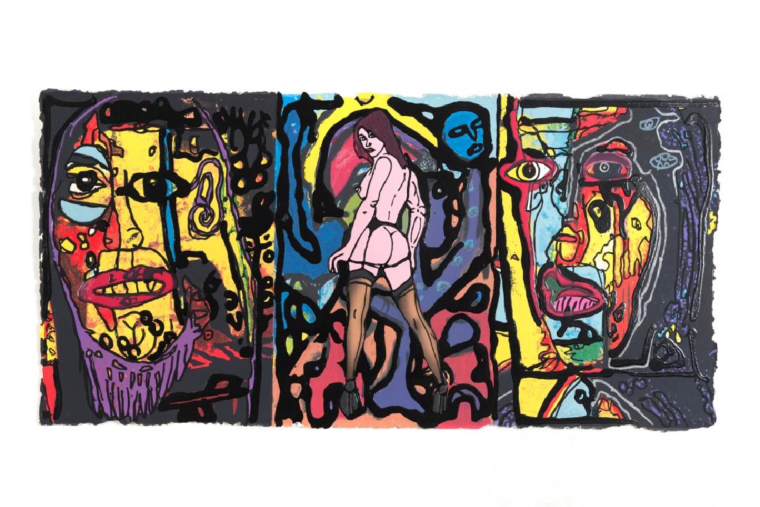 Robert COMBAS (né en 1957). Suzanne et les voyeurs -: Robert COMBAS (né en 1957). Suzanne et les voyeurs - 2007 Sérigraphie en couleurs rehaussée. Signée et numérotée IV/IV en bas à droite. 61,5 x 125 cm Dans son carton d’origine avec monogramme