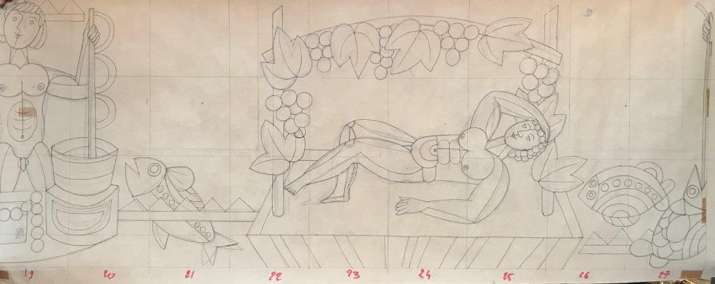 Roger CAPRON (1922-2006) Les pêcheurs et les vignerons: Roger CAPRON (1922-2006) Les pêcheurs et les vignerons Lot de projets de fresques à l'encre et crayon sur papier Canson Dimension du plus grand : 250 environ x 57 cm