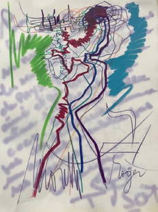 Raymond MORETTI (1931-2005) Sans titre - vers 1965: Raymond MORETTI (1931-2005) Sans titre - vers 1965 Pastel sur papier. Signé en bas à droite 33 x 26,5 cm Provenance : Livre d'or du Restaurant "Chez Roger" à Antibes, ayant accueilli une grande par