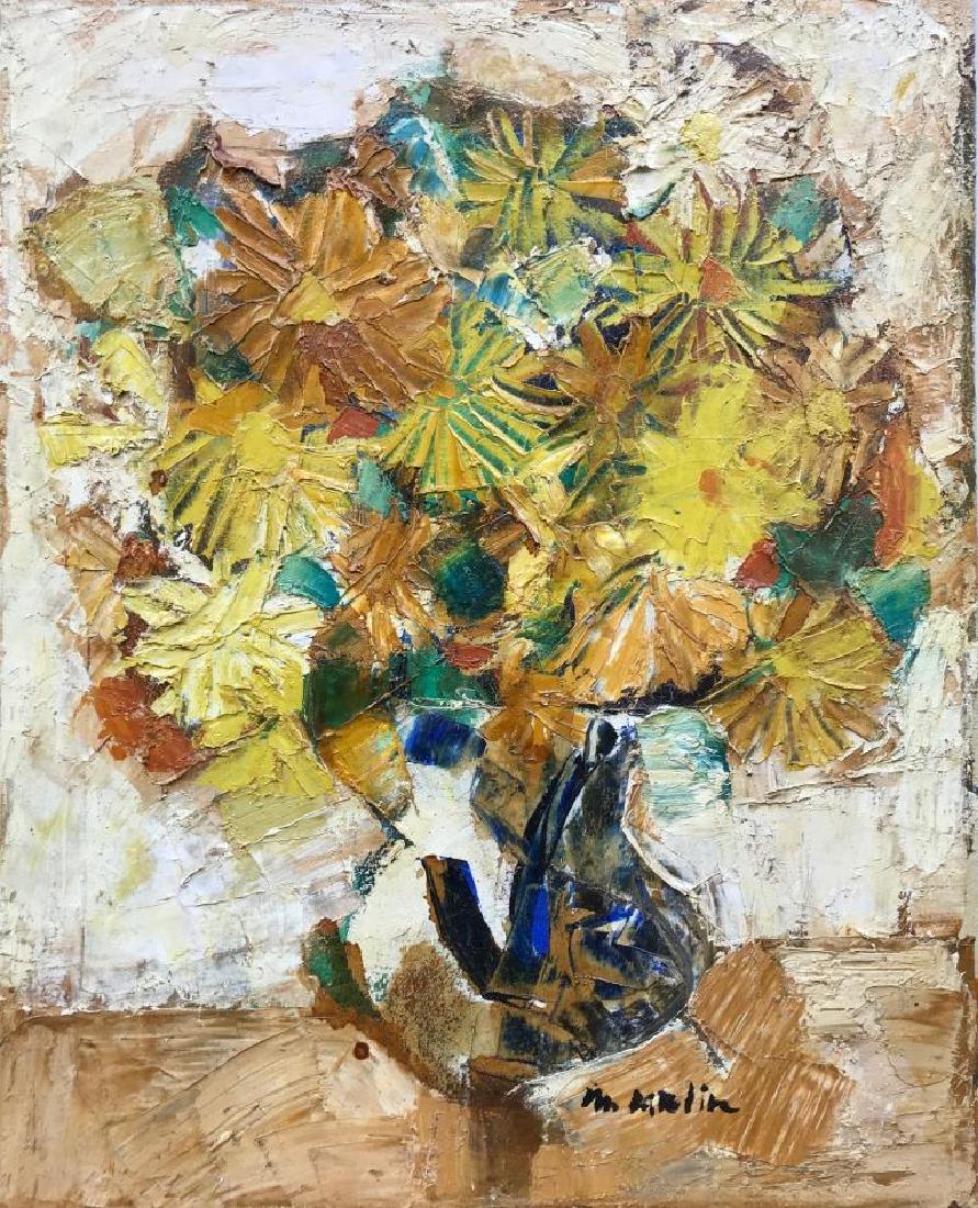 Michel CARLIN (1935) Le bouquet de fleurs sur fond: Michel CARLIN (1935) Le bouquet de fleurs sur fond crème Huile sur toile. Signé en bas à droite 67,5 x 54 cm
