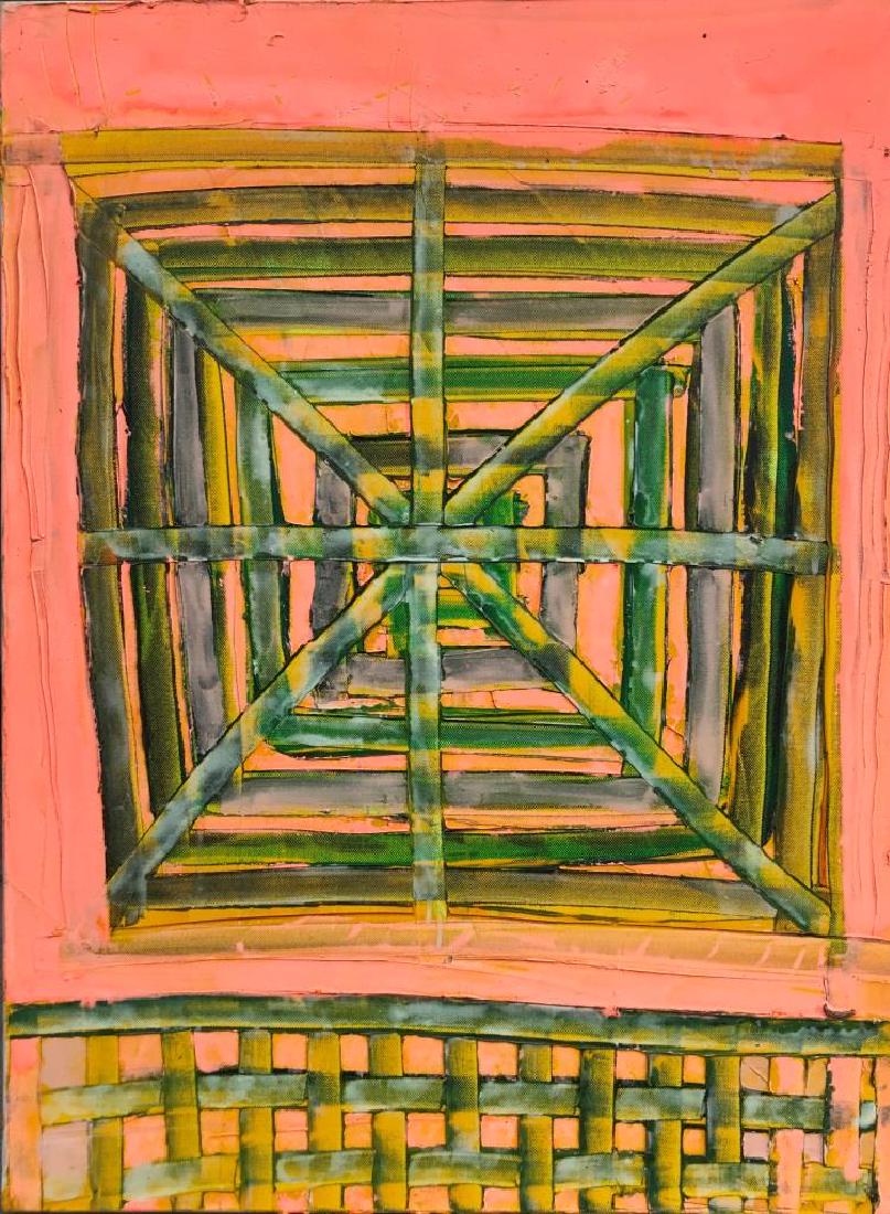 Jean Claude NOVARO (1943-2015) Composition gé: Jean Claude NOVARO (1943-2015) Composition géométrique sur fond rose Huile sur toile. Signé au dos 73,5 x 54 cm