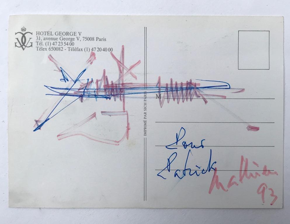 Georges MATHIEU (XX) Autographe sur une carte postale: Georges MATHIEU (XX) Autographe sur une carte postale de l'Hotel Georges V à Paris 10,5 x 15 cm